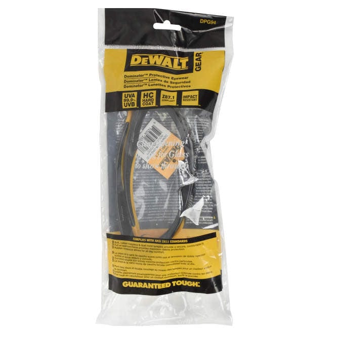 DeWalt Dominator Safety Glasses with Black Frame and Indoor/Outdoor Lens DPG94-9D Packaging