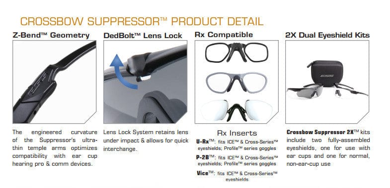 ESS Crossbow Suppressor Safety Glasses 2X+ Kit with Black Frames and Clear, Gray and HD Copper Lenses