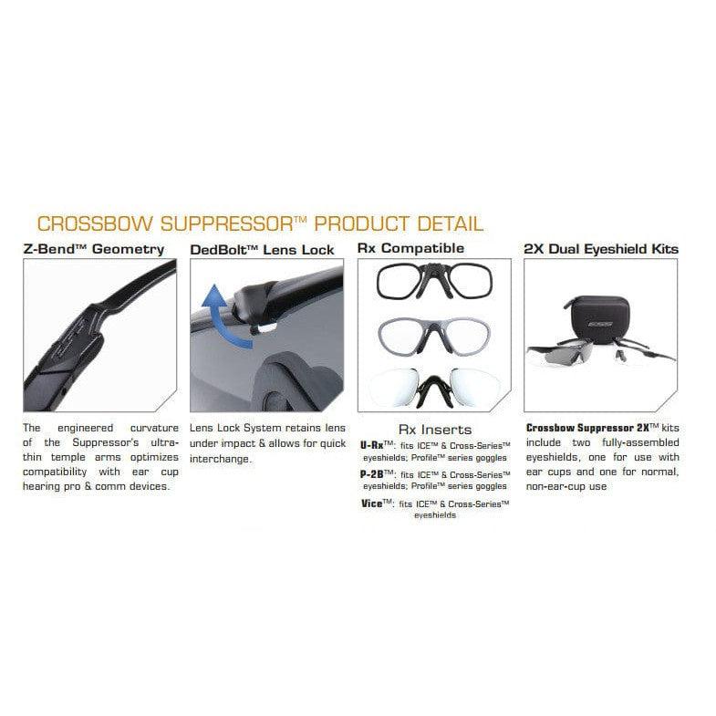 ESS Crossbow Suppressor Safety Glasses 2X+ Kit with Black Frames and Clear, Gray and HD Copper Lenses-740-0388-Safety Glasses USA-3