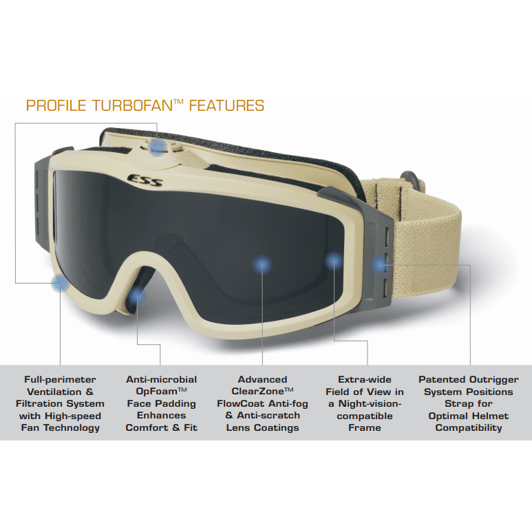 ESS Profile TurboFan Goggle Black with Clear and Gray Lenses 740-0131 Features