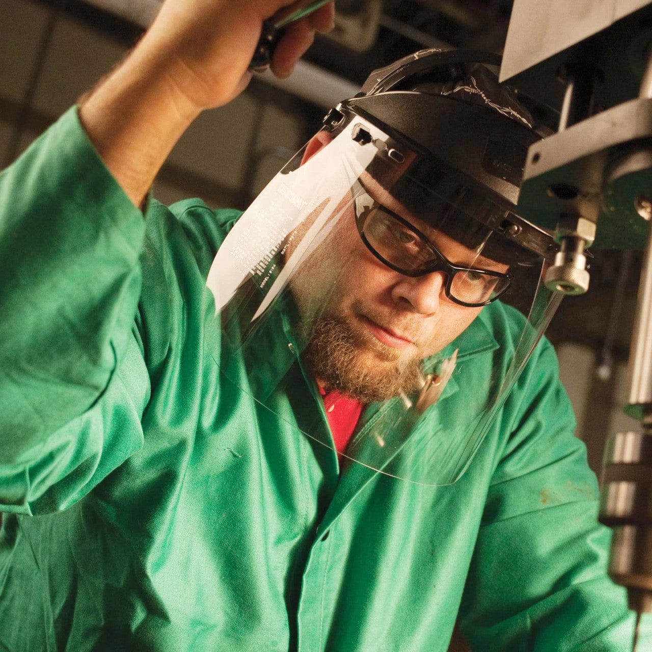 KleenGuard Hellraiser Safety Glasses with Clear Lens worn with Faceshield