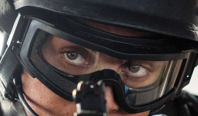 Soldier wearing tactical goggles