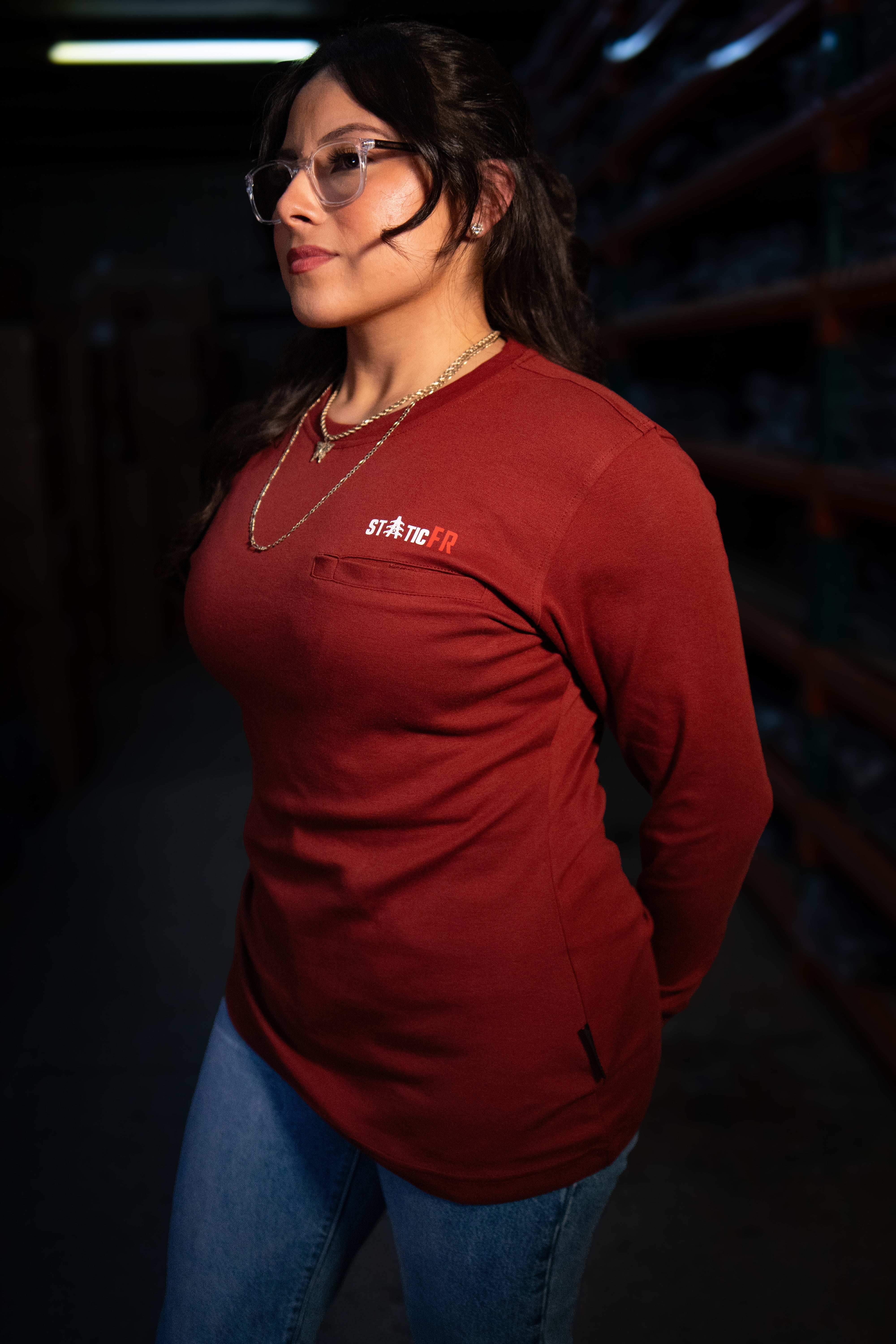 Static FR Women's Flame-Resistant Crew Neck Work Shirt - Wine Red