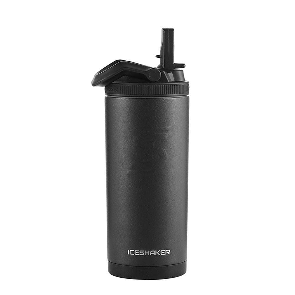 Matte black 14oz Ice Shaker stainless steel sport bottle with a black flip-top lid and straw.