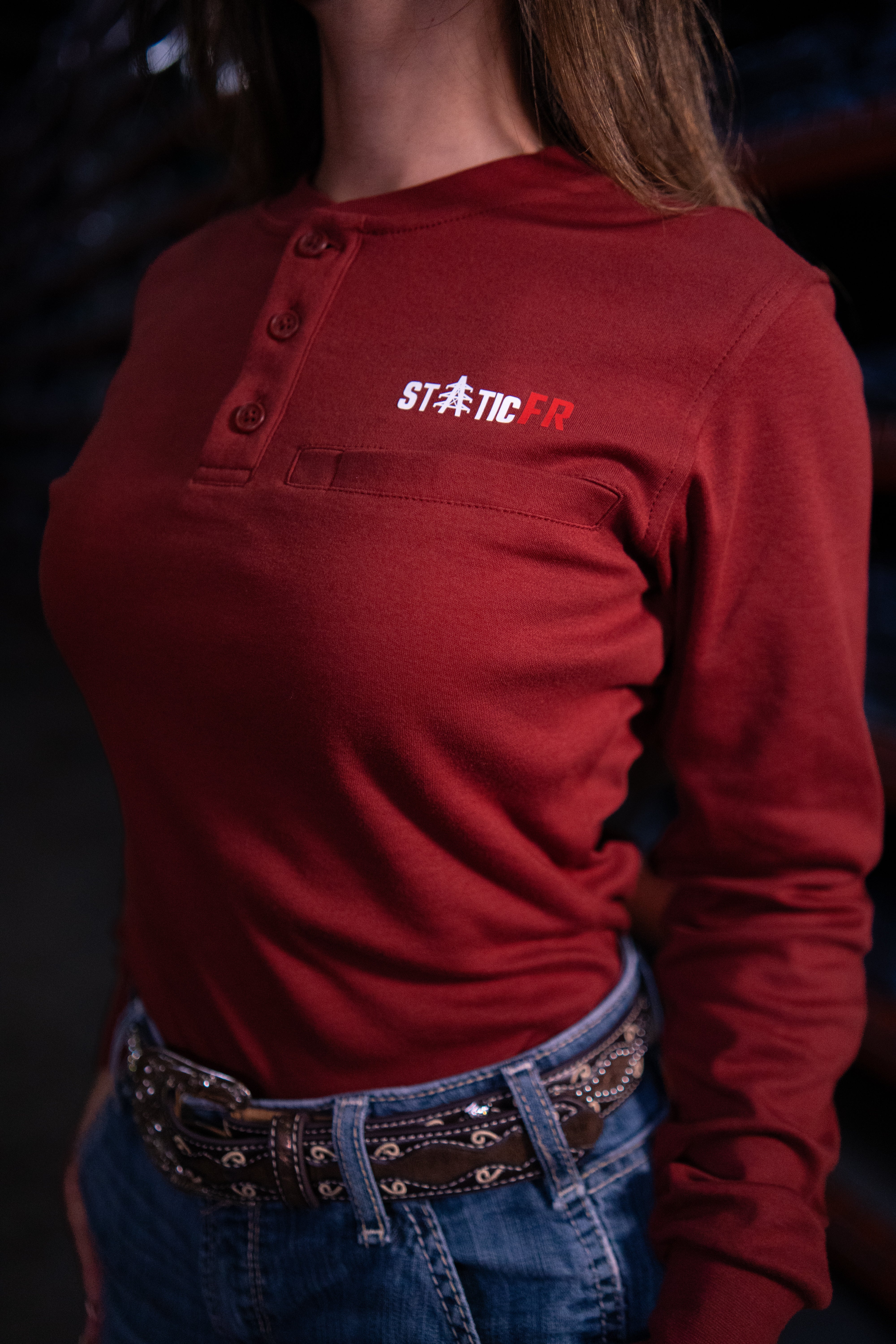 Static FR Women's Flame-Resistant 3-Button Henley Work Shirt - Wine Red