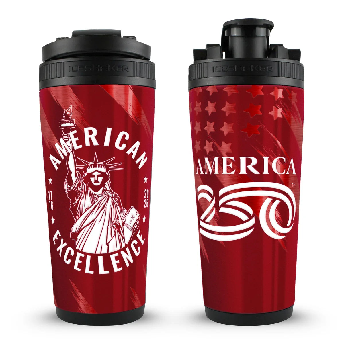 Red 26oz Ice Shaker bottle featuring Statue of Liberty graphics, American Excellence text, and a black leak-proof lid.