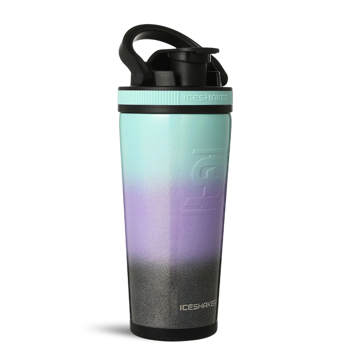 26oz Ice Shaker bottle in a glittery teal, purple, and black ombre finish with a black lid and carry handle.