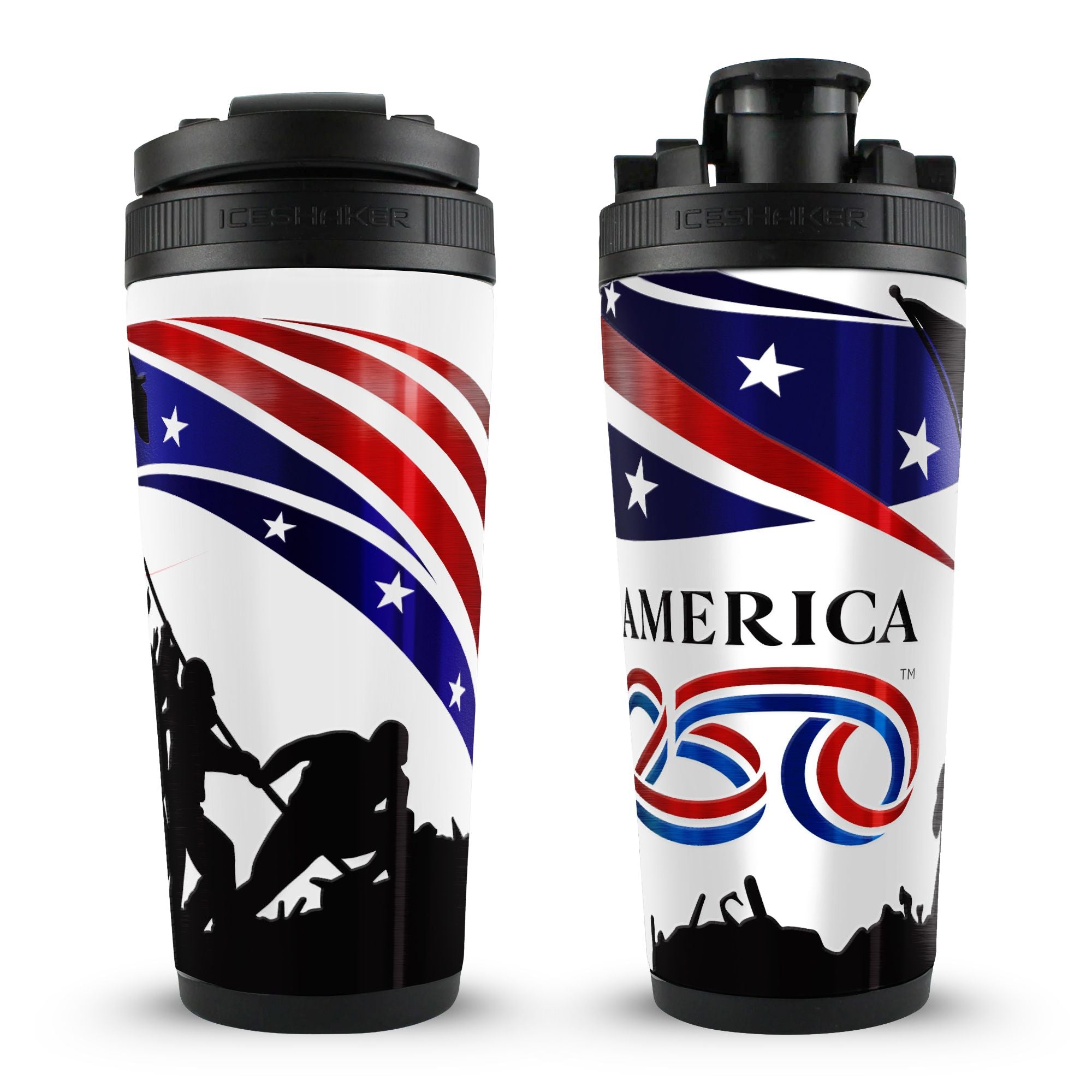 26oz Ice Shaker bottle featuring a patriotic America 250 design with a black lid and stainless steel construction.