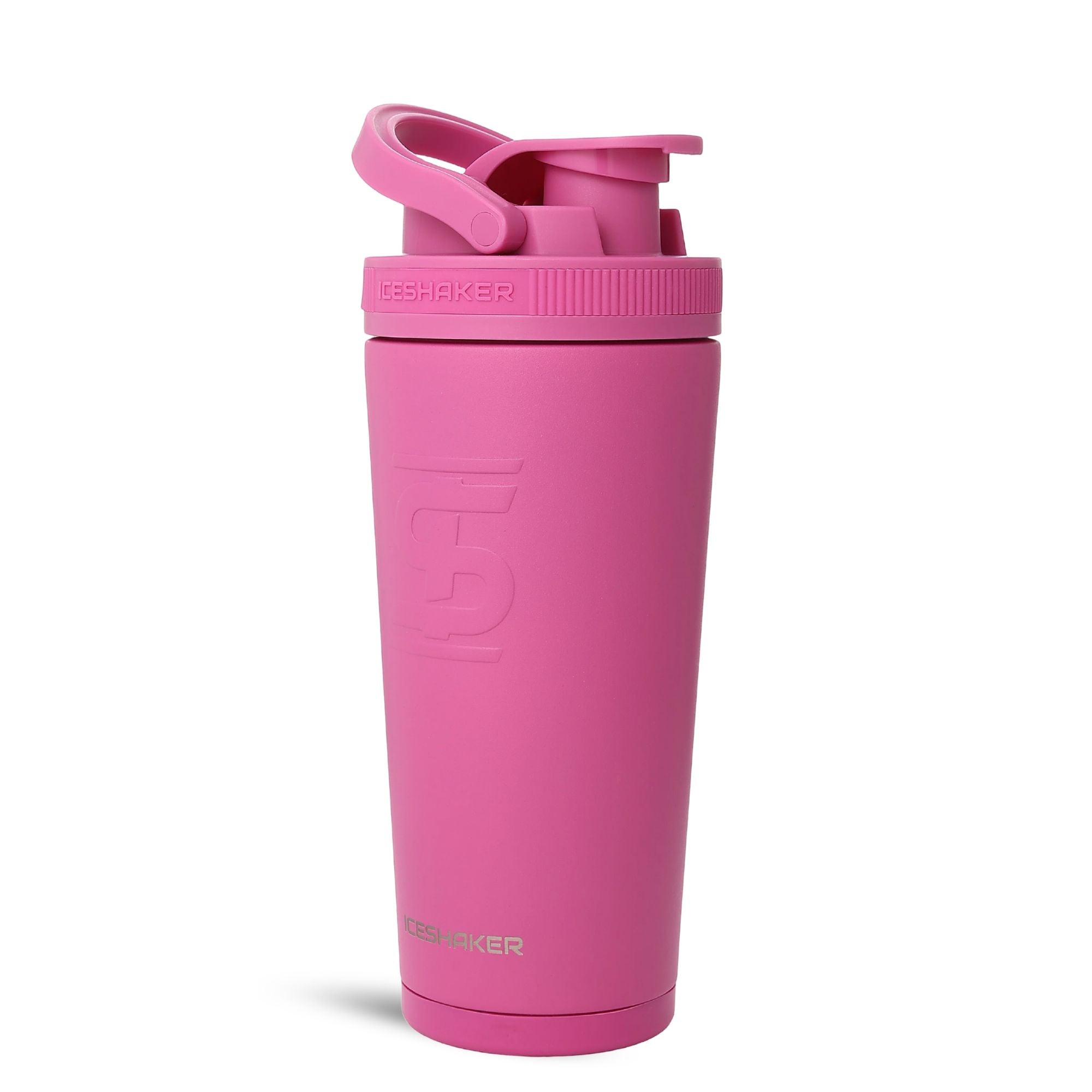 Hot pink 26oz Ice Shaker stainless steel insulated bottle with a matching flip-top lid and embossed logo.