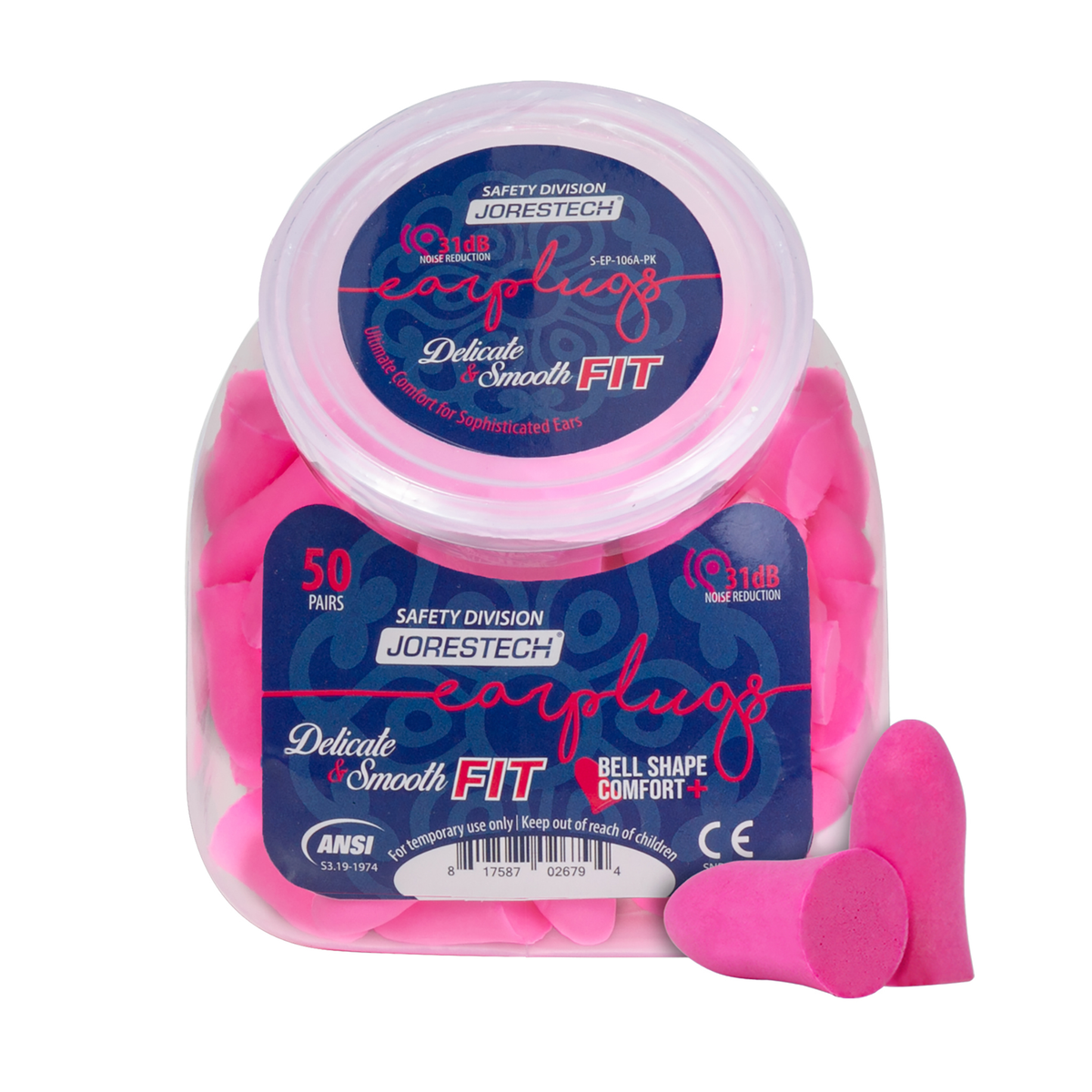Jorestech 31dB NRR Bell-Shaped Soft Foam Earplugs – 50 Pairs