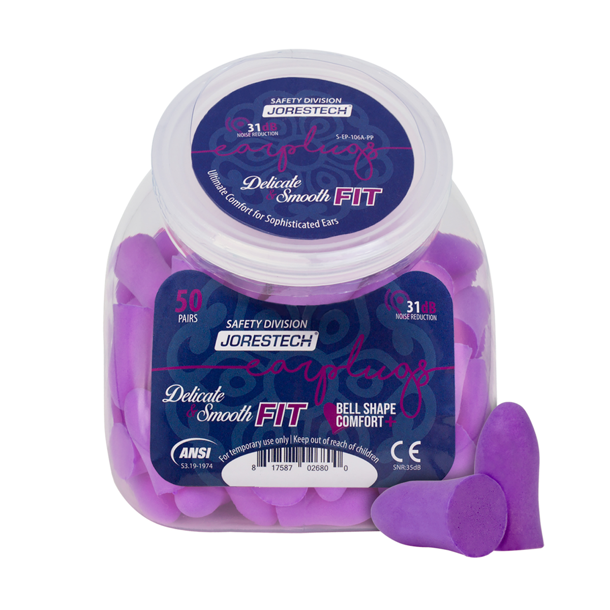 Jorestech 31dB NRR Bell-Shaped Soft Foam Earplugs – 50 Pairs