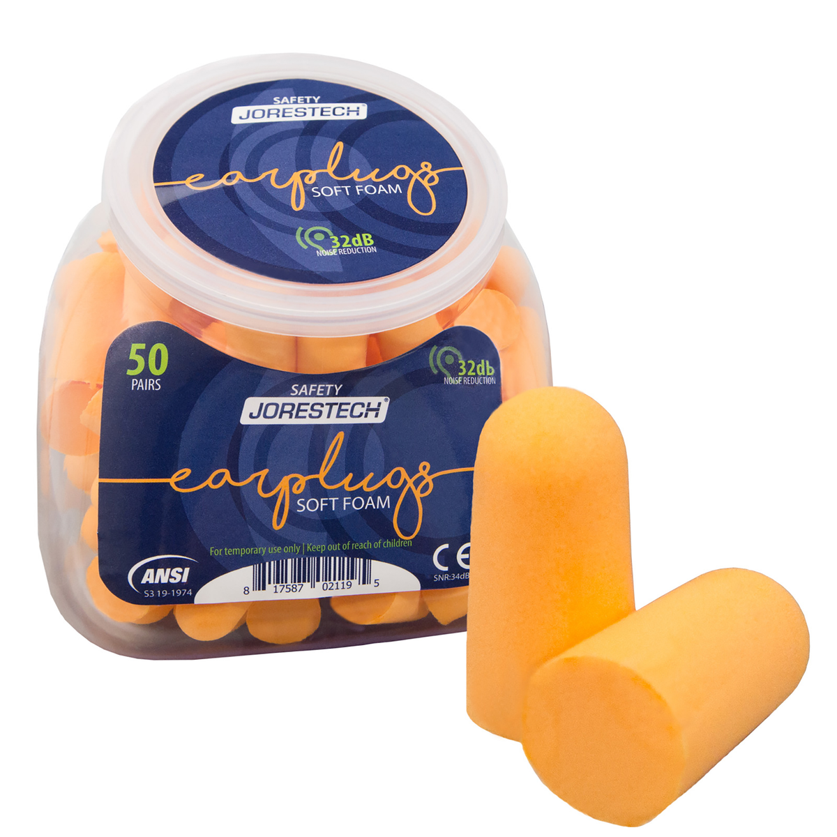 Jorestech 32db NRR Soft Foam Earplugs - 50 Pairs