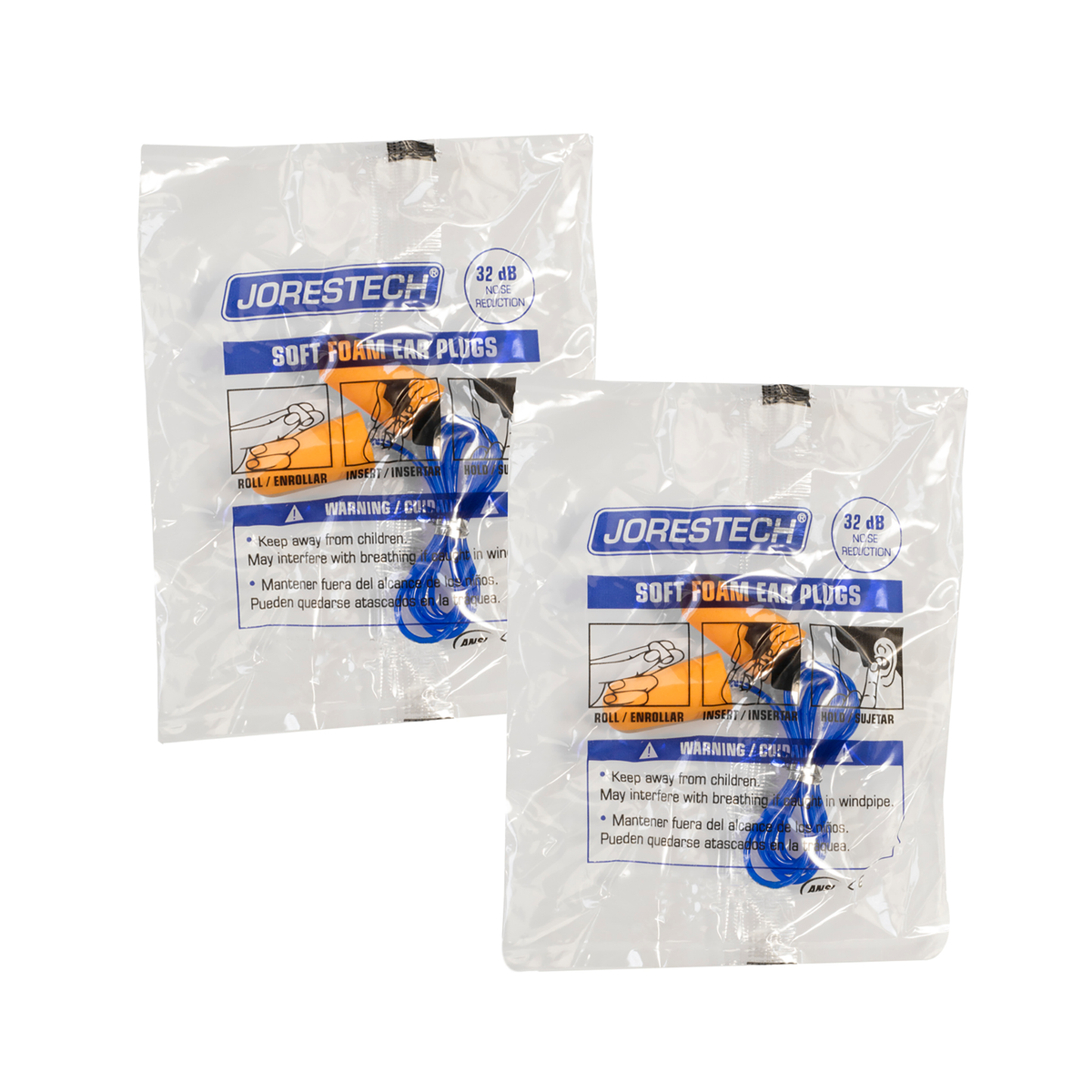 Jorestech 32dB NRR Soft Foam Earplugs with PVC Cord – 100 Pairs
