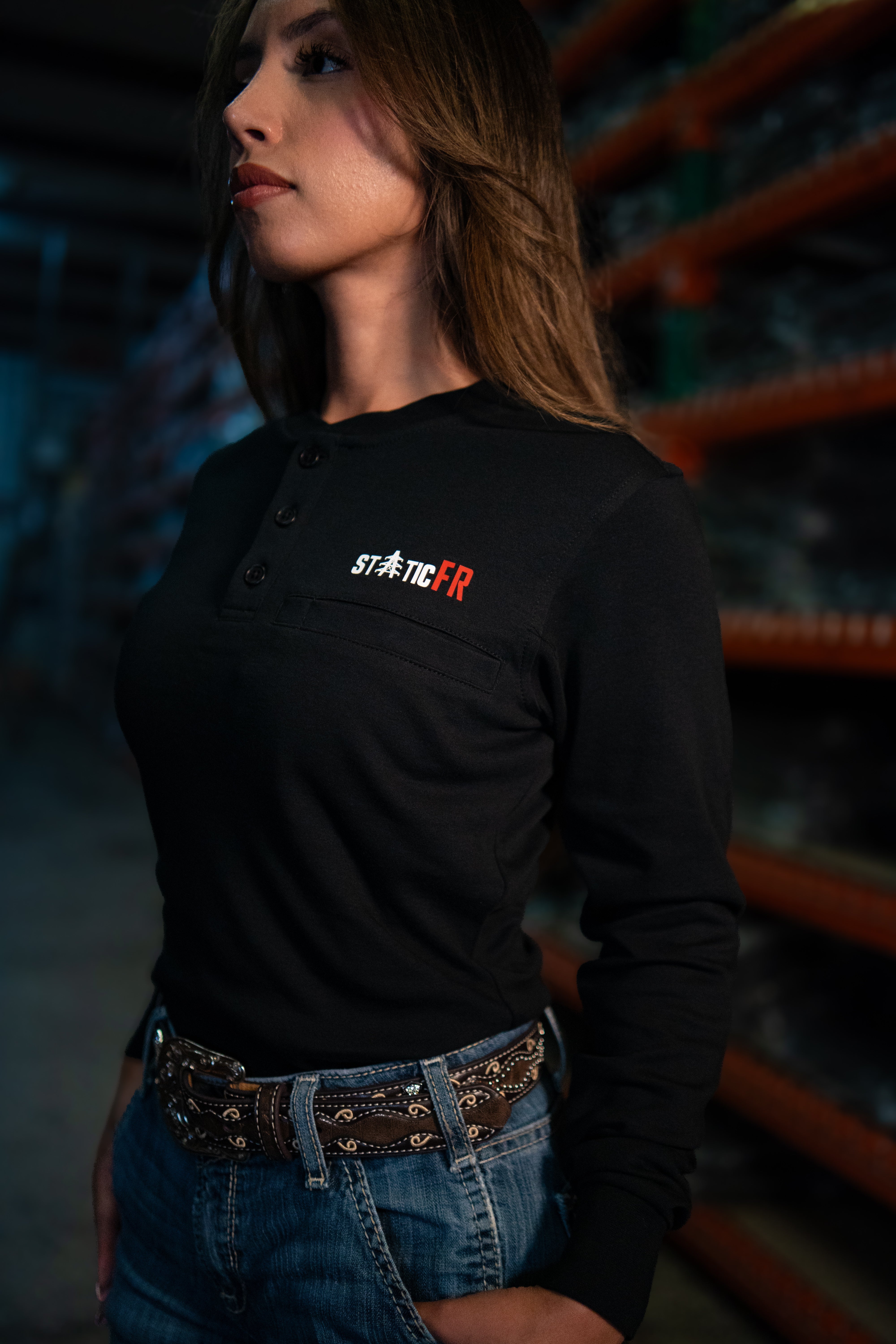 Static FR Women's Flame-Resistant 3-Button Henley Work Shirt - Black