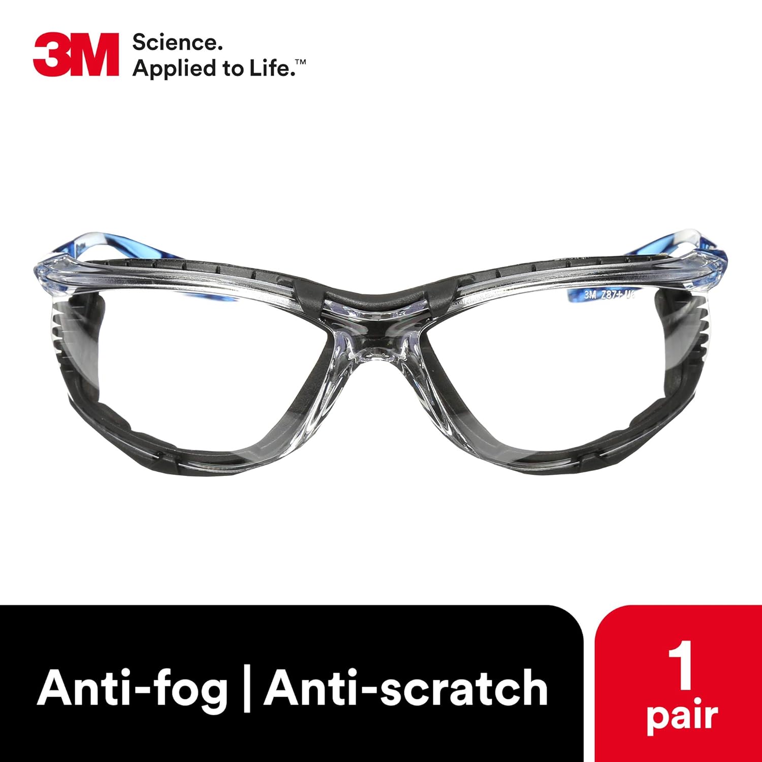 3M 11872 Virtua CCS Safety Glasses with Blue Temples Foam Gasket and Clear Anti-Fog Lenses Front Lens View