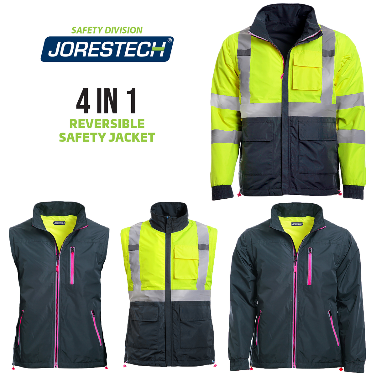 Jorestech Women's 4-in-1 Hi-Vis Reversible Safety Jacket with Removable Sleeves