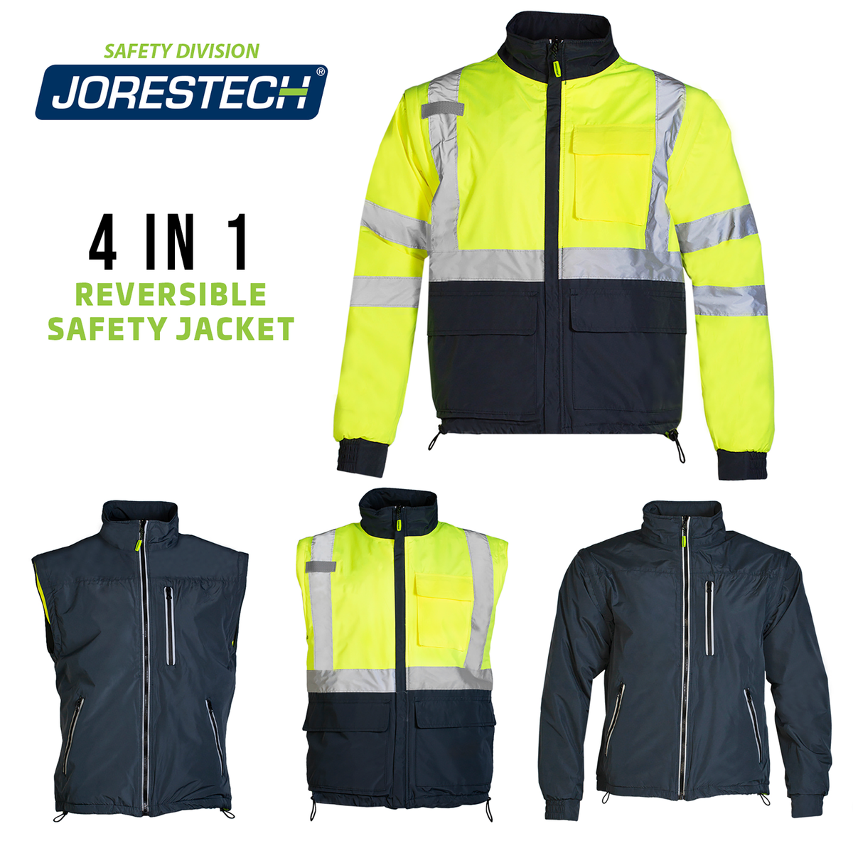 Jorestech 4-in-1 Hi-Vis Reversible Safety Jacket with Removable Sleeves