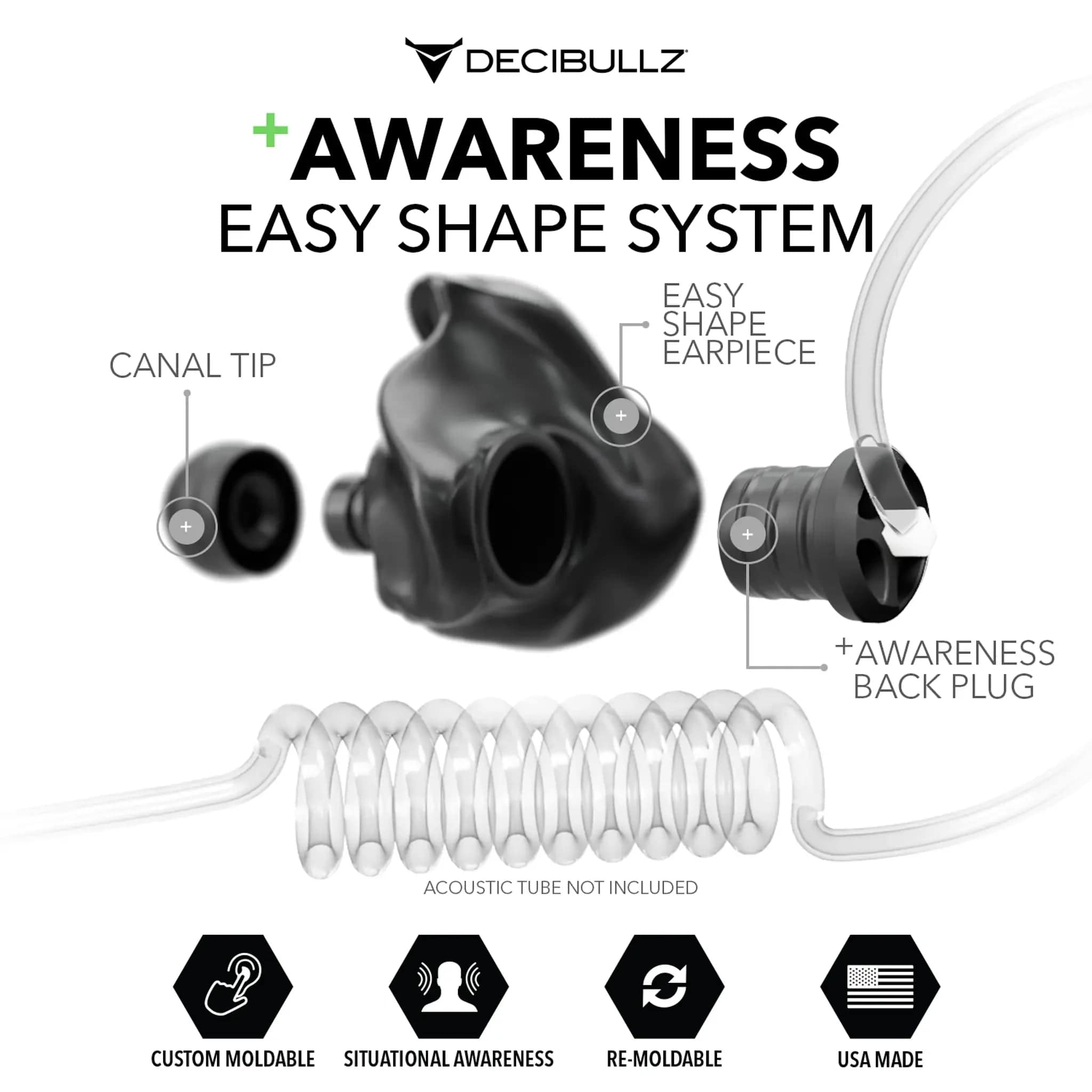 Decibullz Custom Moldable Surveillance Radio Headset Earpieces with Awareness-RTL-RDO-AWA-BLK-Safety Glasses USA-3