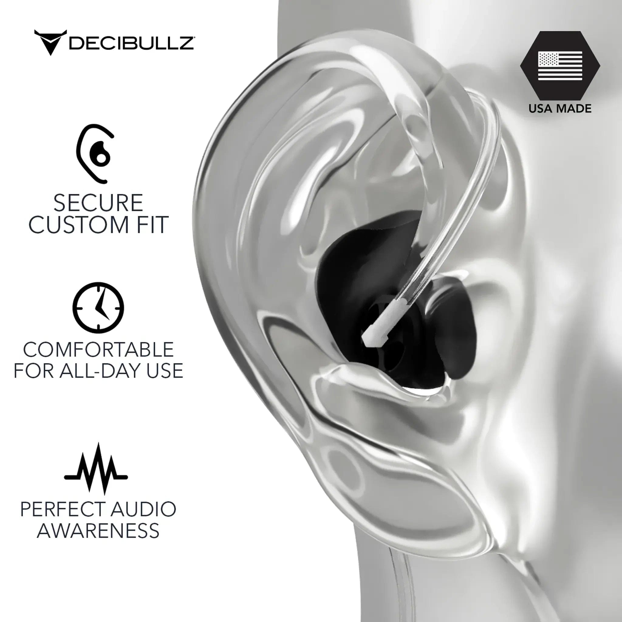 Decibullz Custom Moldable Surveillance Radio Headset Earpieces with Awareness-RTL-RDO-AWA-BLK-Safety Glasses USA-4