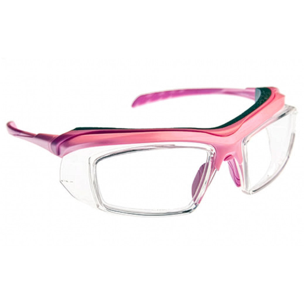 Pink ArmouRx 6008 plastic wraparound prescription safety glasses with clear lenses.