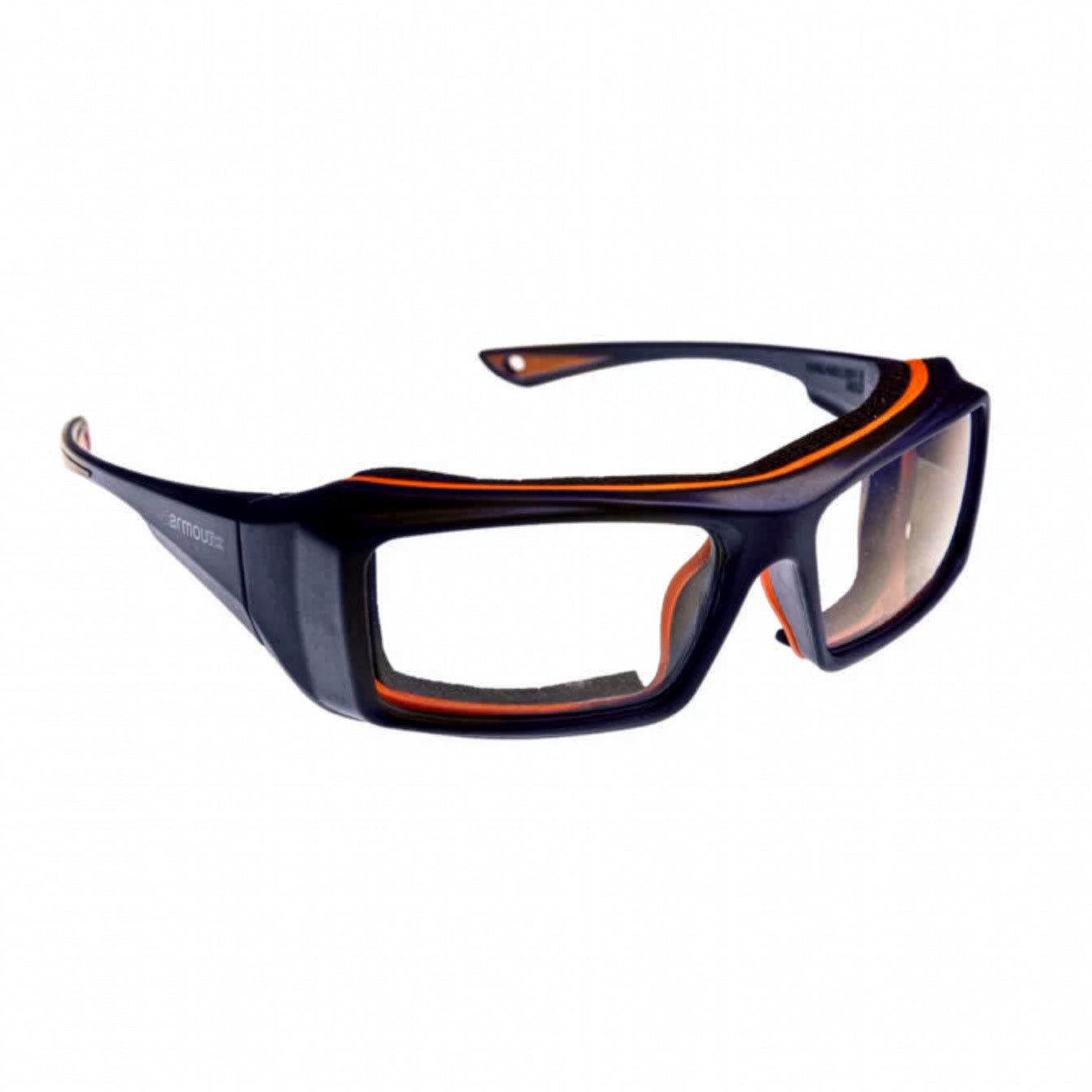 ArmouRx 6006 blue prescription safety glasses with orange accents, wraparound plastic frame, and integrated side shields.