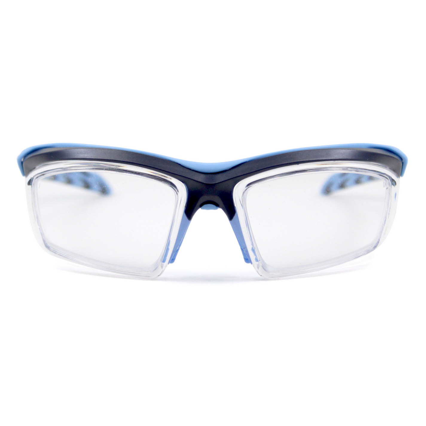 ArmouRx 6008 prescription safety glasses with clear lenses and a blue and black plastic wraparound frame.