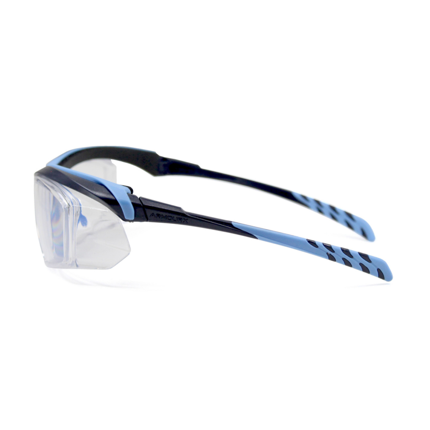 ArmouRx 6008 prescription safety glasses with clear lenses, black and light blue plastic wraparound frame.