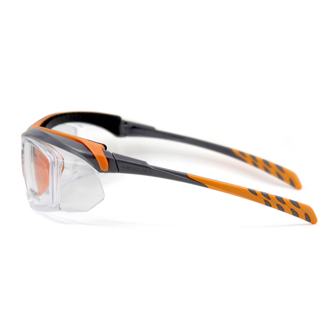 ArmouRx 6008 prescription safety glasses with clear lenses, black and orange plastic wraparound frame, and integrated side shields.