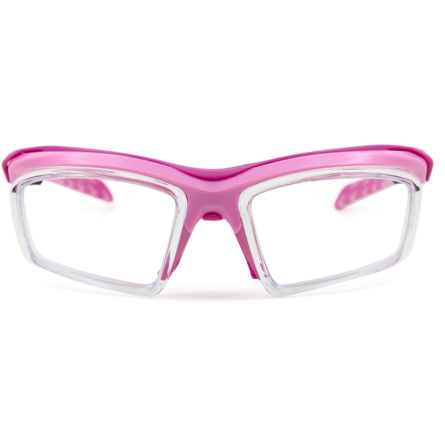 Pink ArmouRx 6008 prescription safety glasses with clear frames, integrated side shields, and wraparound design.