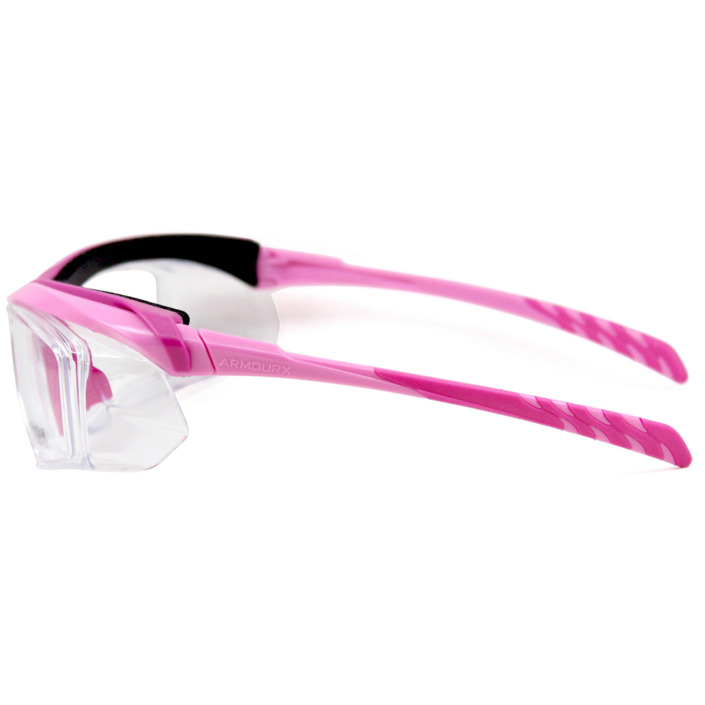 Pink ArmouRx 6008 prescription safety glasses with clear lenses, integrated side shields, and a wraparound plastic frame.