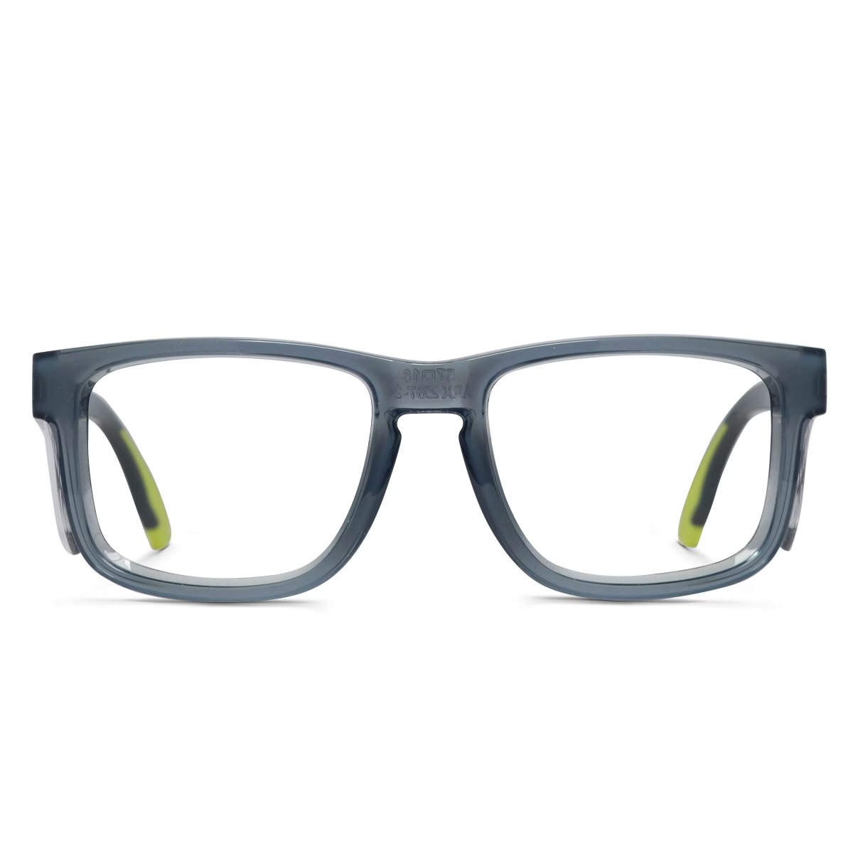 ArmouRx 7501 gray plastic prescription safety glasses with clear lenses, side shields, and lime green temple accents.