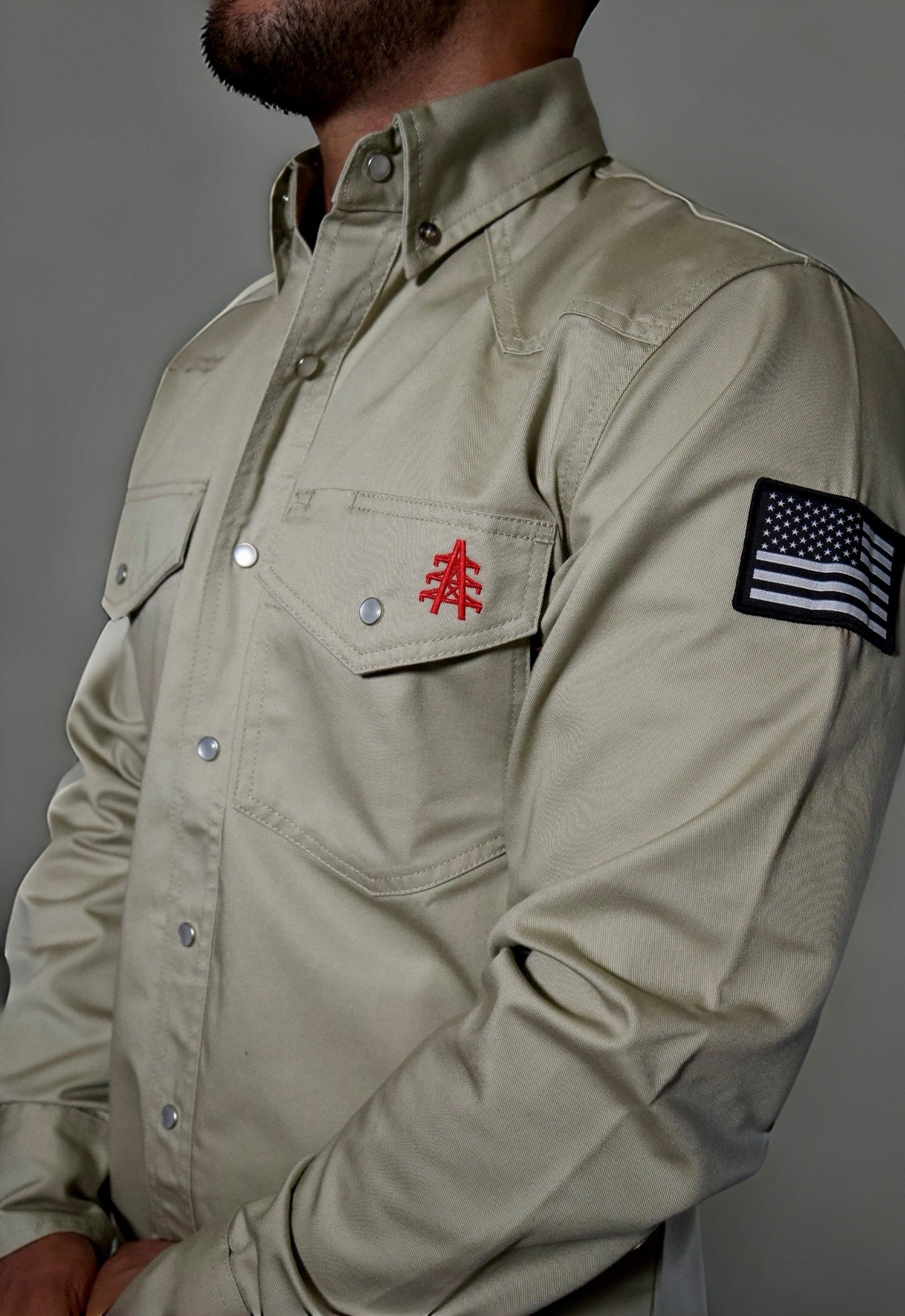 Static FR Flame-Resistant Shirt Western Style Pearl Snap - Khaki
