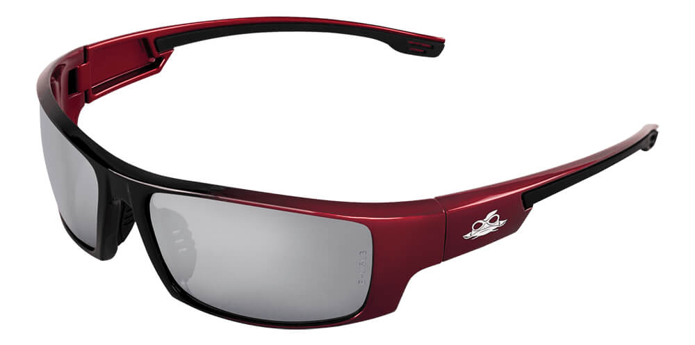 Bullhead Dorado Safety Glasses with Red/Black Frame and Silver Mirror Lens