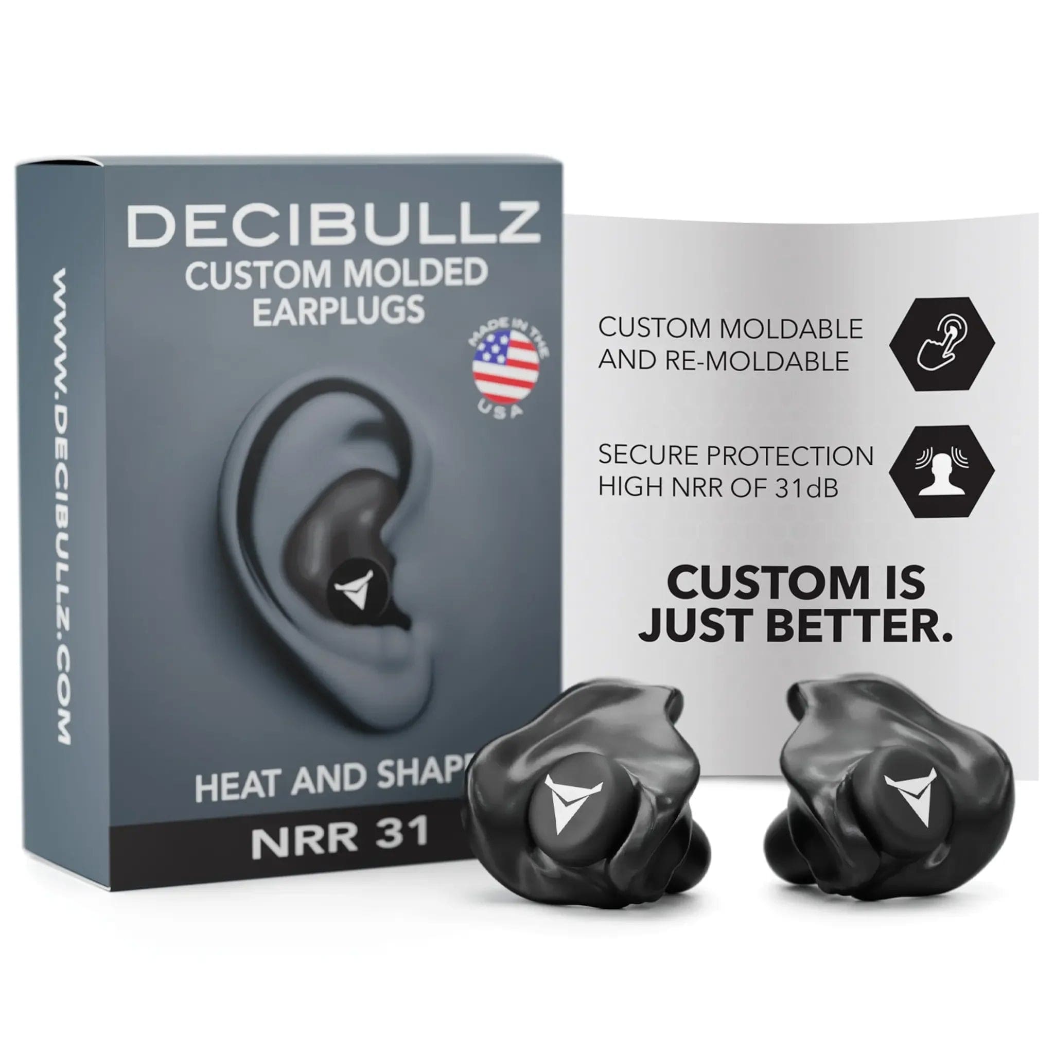 Decibullz Custom Molded Earplugs 31dB NRR-Black-PLG1-BLK-Safety Glasses USA-1