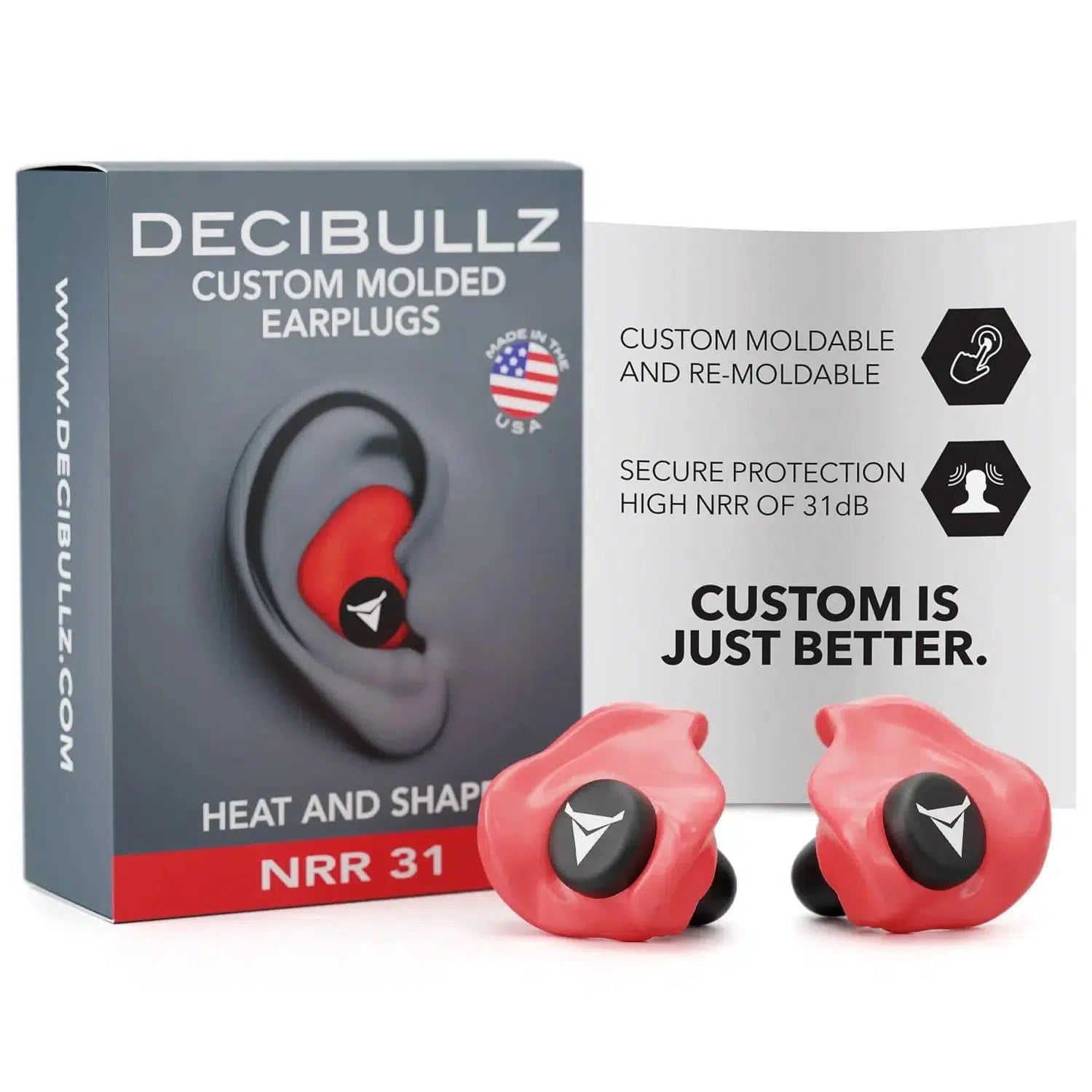 Decibullz Custom Molded Earplugs 31dB NRR-Red-PLG1-RED-Safety Glasses USA-41