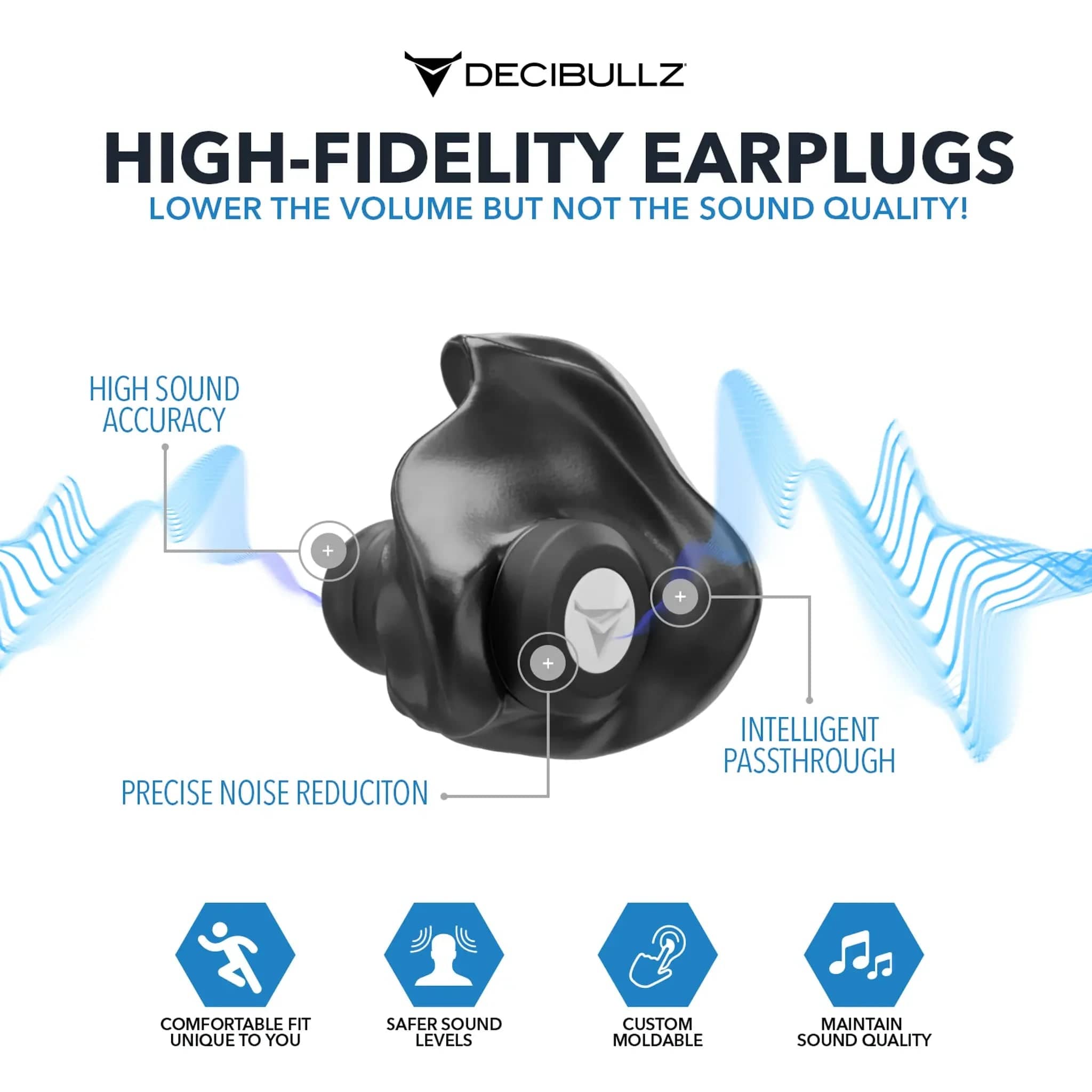 Decibullz Custom Molded High-Fidelity Earplugs for Concerts, Musicians, Events, and Noise Sensitivity-FLTR-HFE-BLK-Safety Glasses USA-4