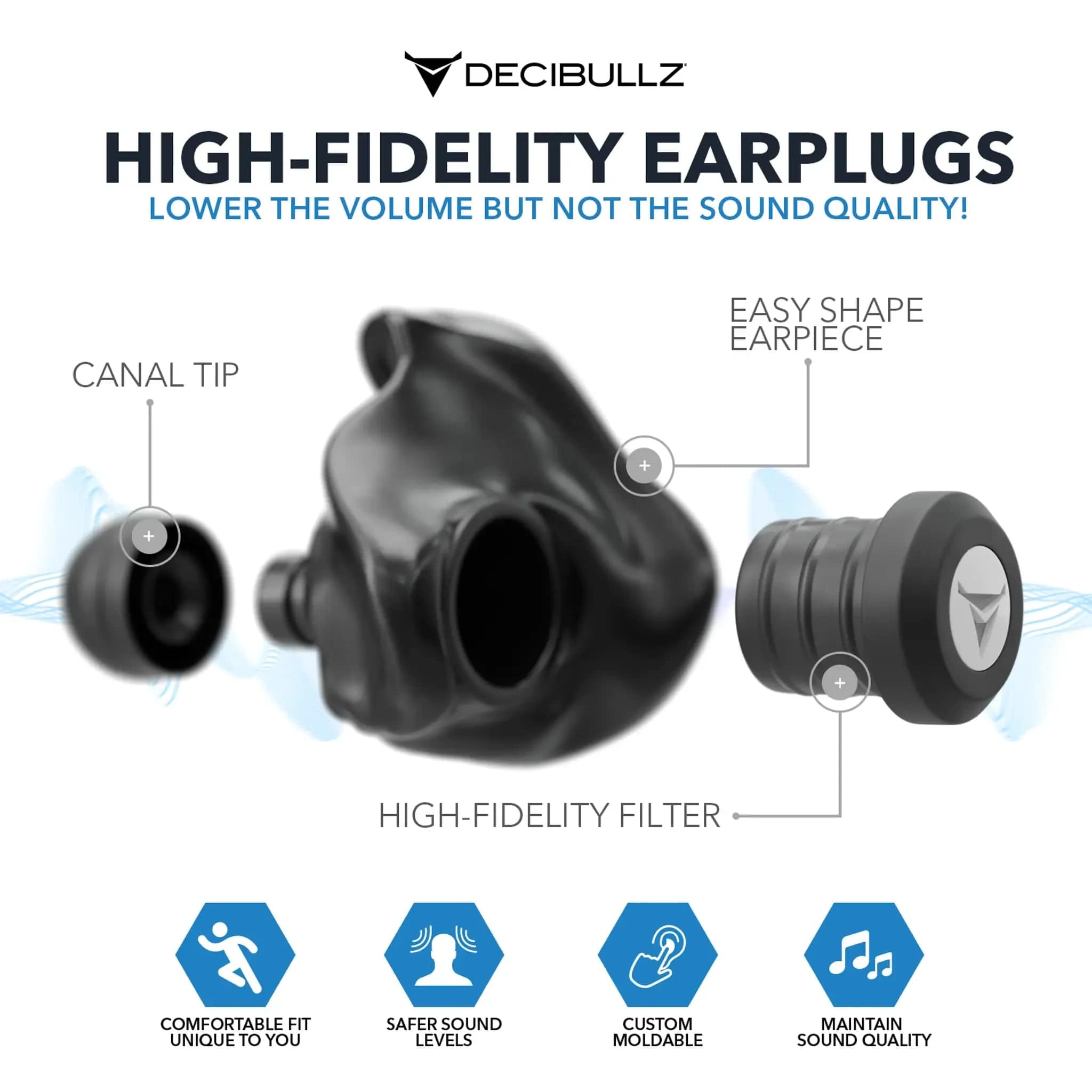 Decibullz Custom Molded High-Fidelity Earplugs for Concerts, Musicians, Events, and Noise Sensitivity