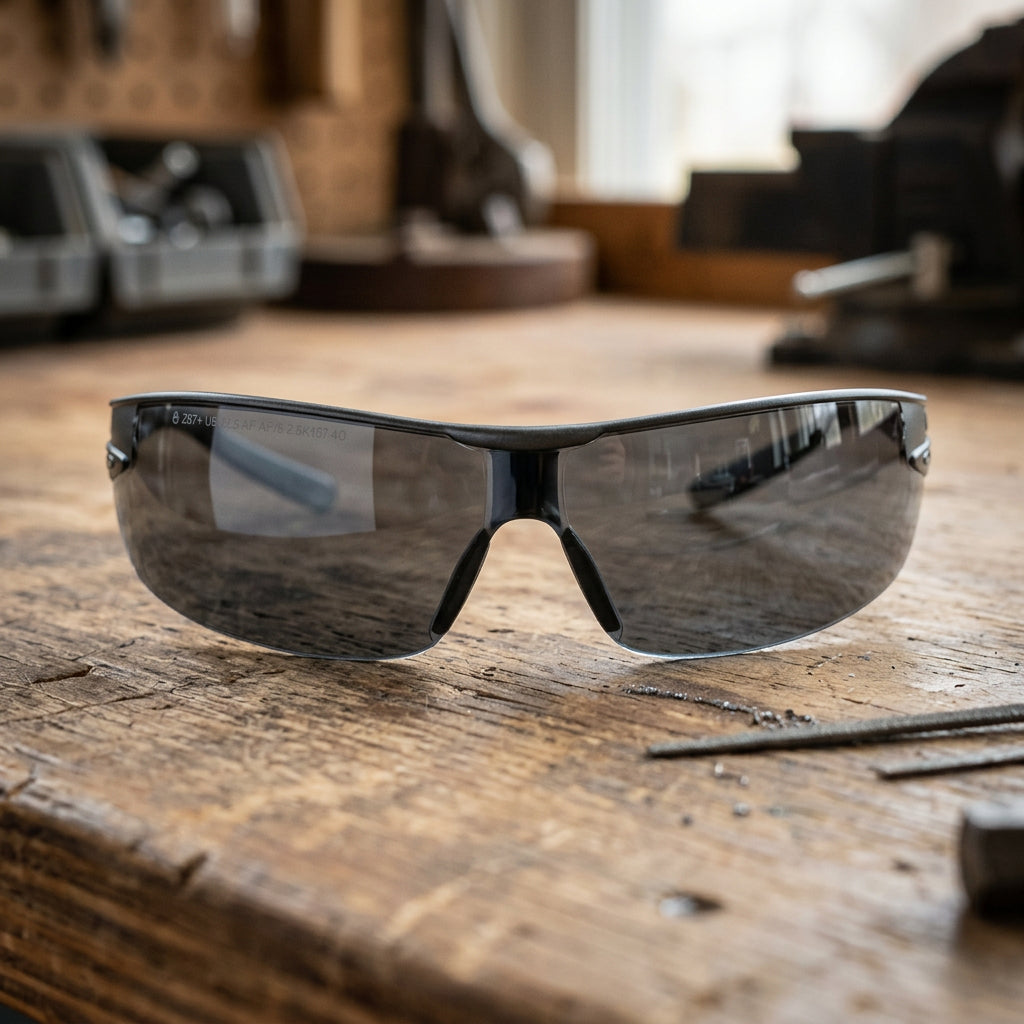 Shield-style safety glasses with a dark gray translucent frame and tinted gray lenses, shown against a plain white background.