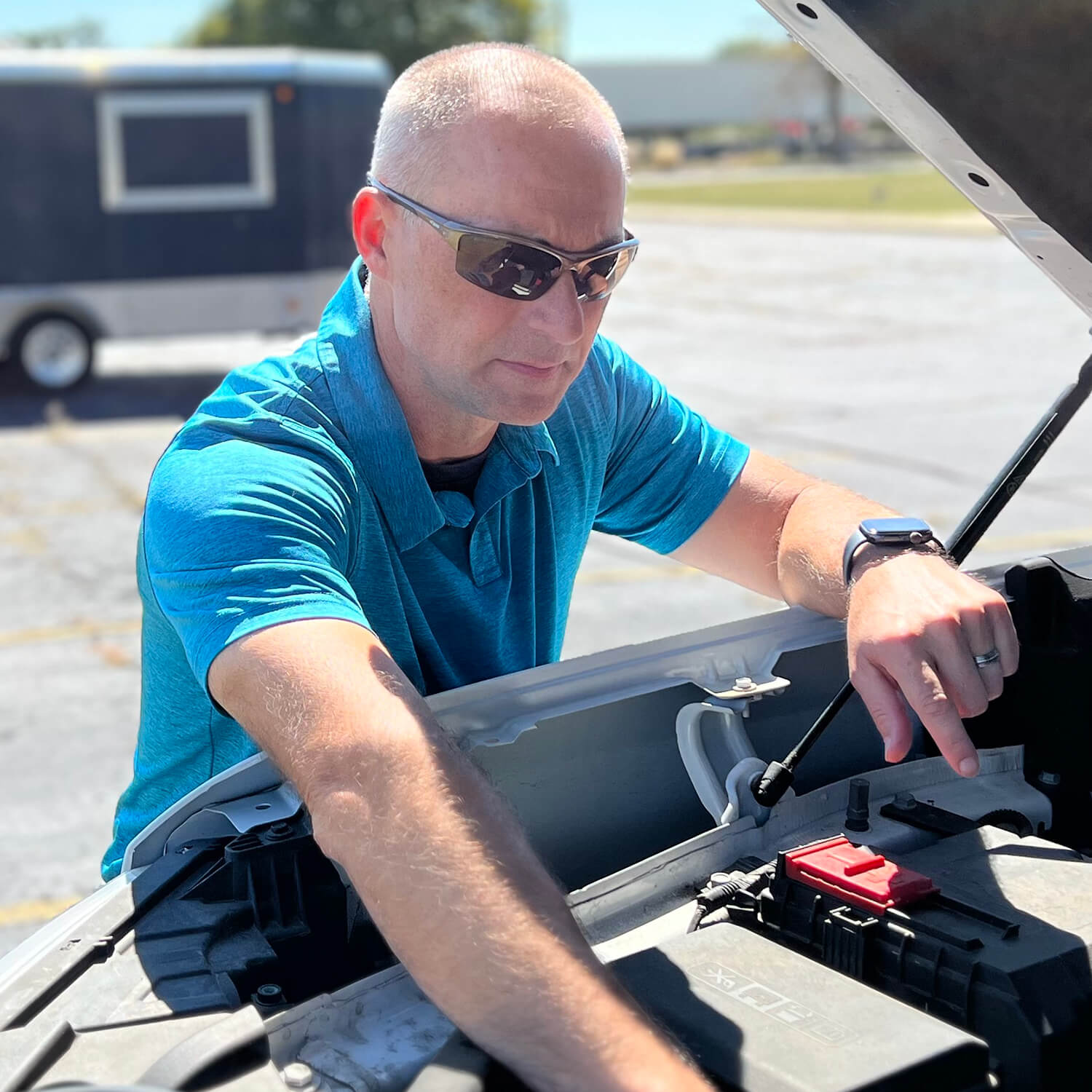 Delta Plus Sonoma RX-350B Bifocal Safety Glasses with Brown Anti-Fog Lenses working on a truck engine