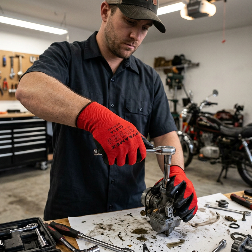 A mechanic in a garage wearing a dark blue shirt, a black cap, and red Pyramex GL614 gloves works on a motorcycle engine at a workbench.