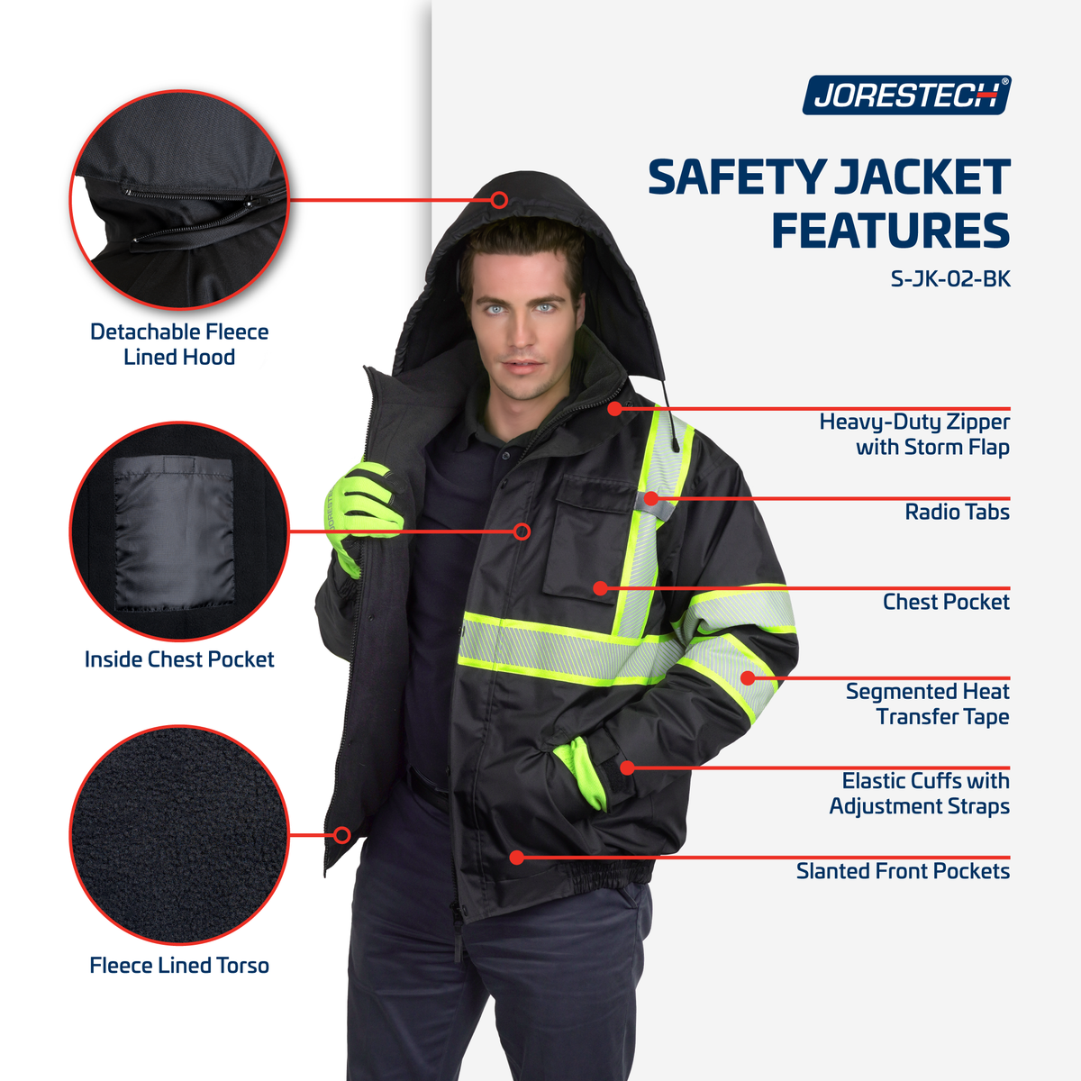 Jorestech Hi-Vis Safety Jacket with Heat-Transfer Reflective Tapes and Removable Hood