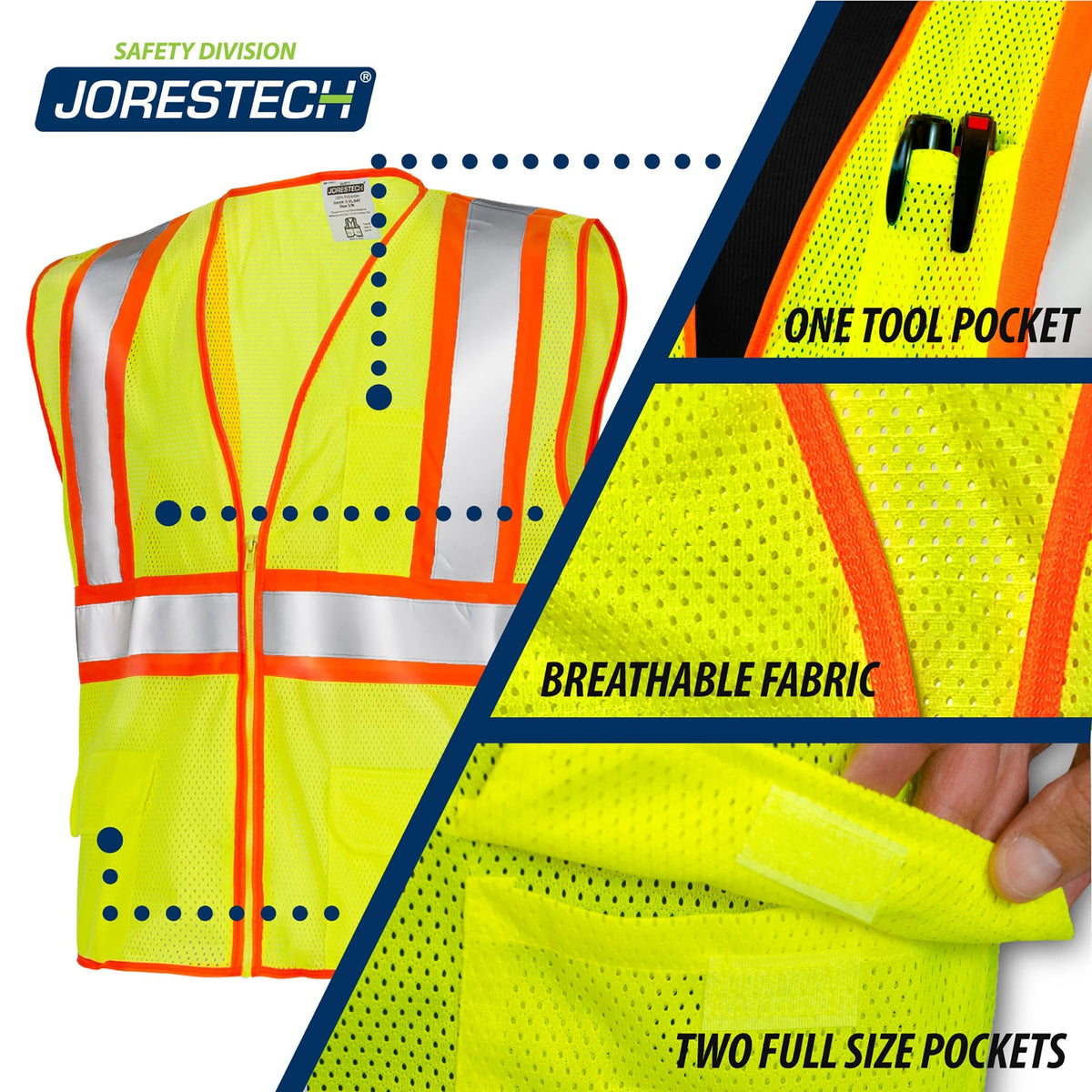 Jorestech Hi-Vis Two-Toned Mesh Safety Vest with 2” Reflective Strips and Pockets