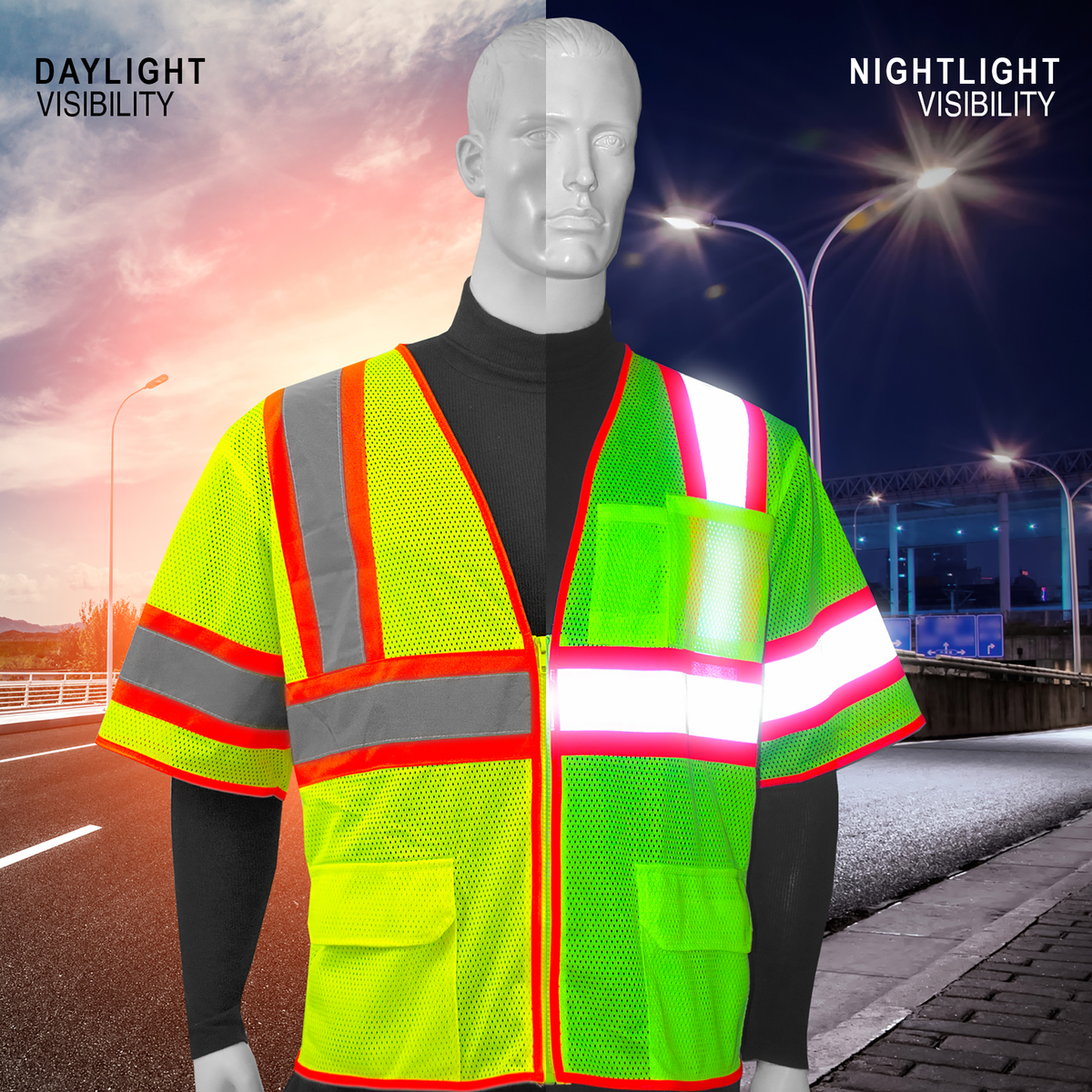 Jorestech Hi-Vis Two Toned Mesh Sleeved Safety Vest with 2” Reflective Strips and Pockets