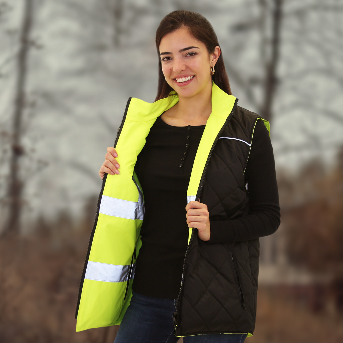 Jorestech Hi-Vis Yellow/Black Reversible Insulated Safety Vest with Reflective Strips
