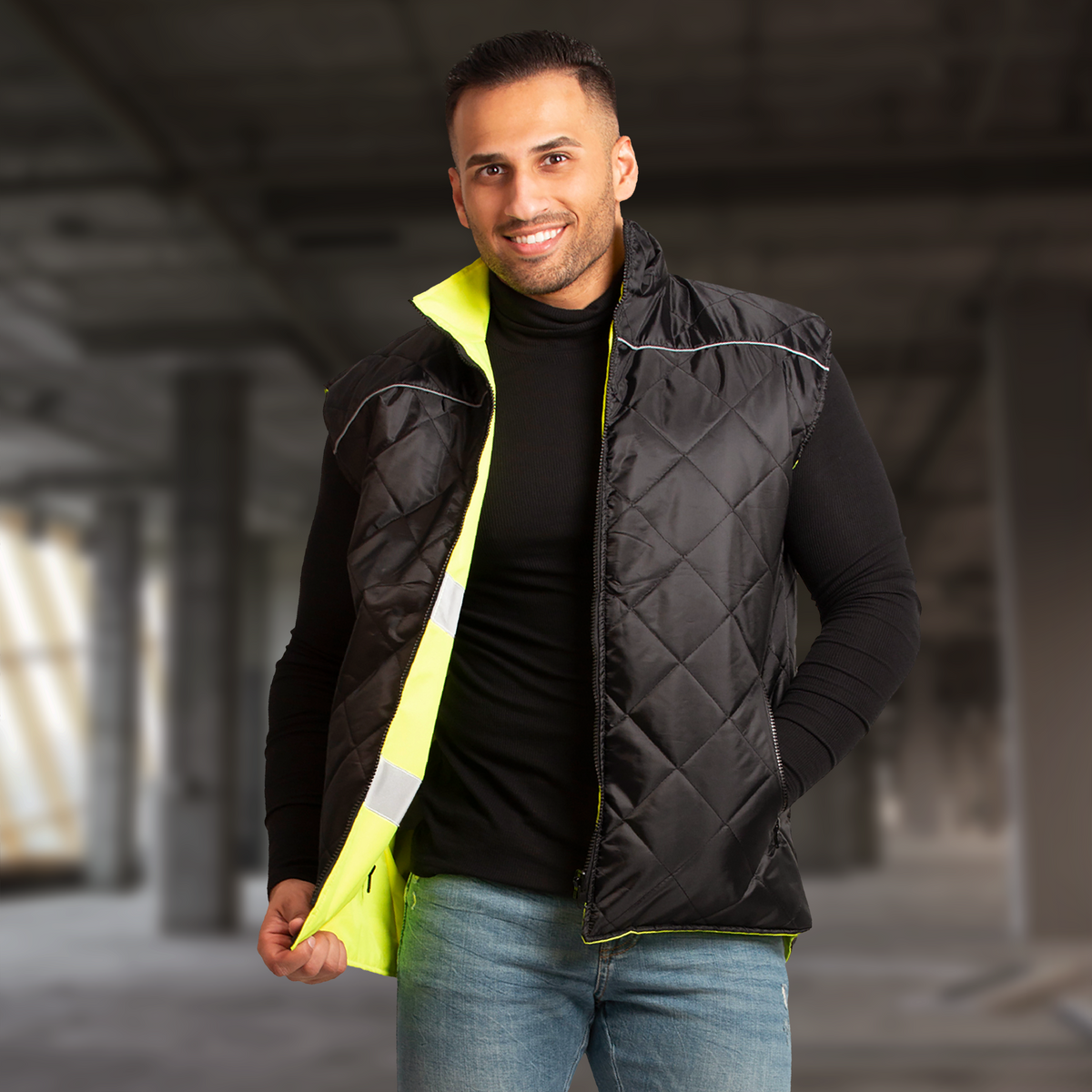 Jorestech Hi-Vis Yellow/Black Reversible Insulated Safety Vest with Reflective Strips