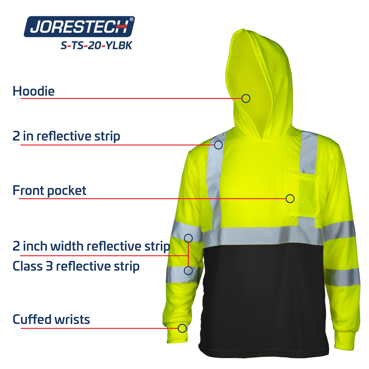 Jorestech High-Vis Long Sleeve Safety Shirt With Reflective Strips and Hoodie