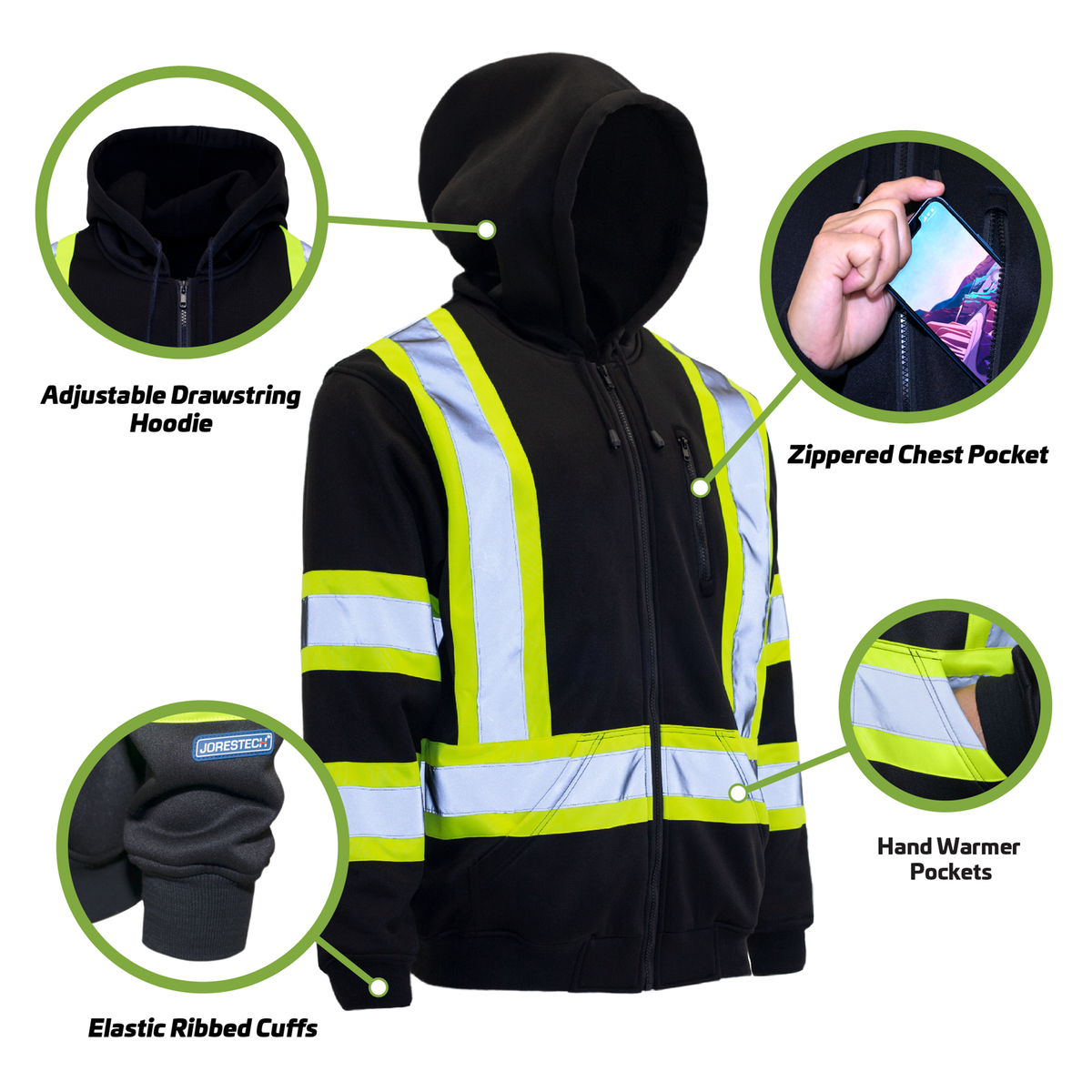 Jorestech Hi-Vis Two-Tone Yellow/Black Safety Hooded Sweatshirt with Reflective Stripes