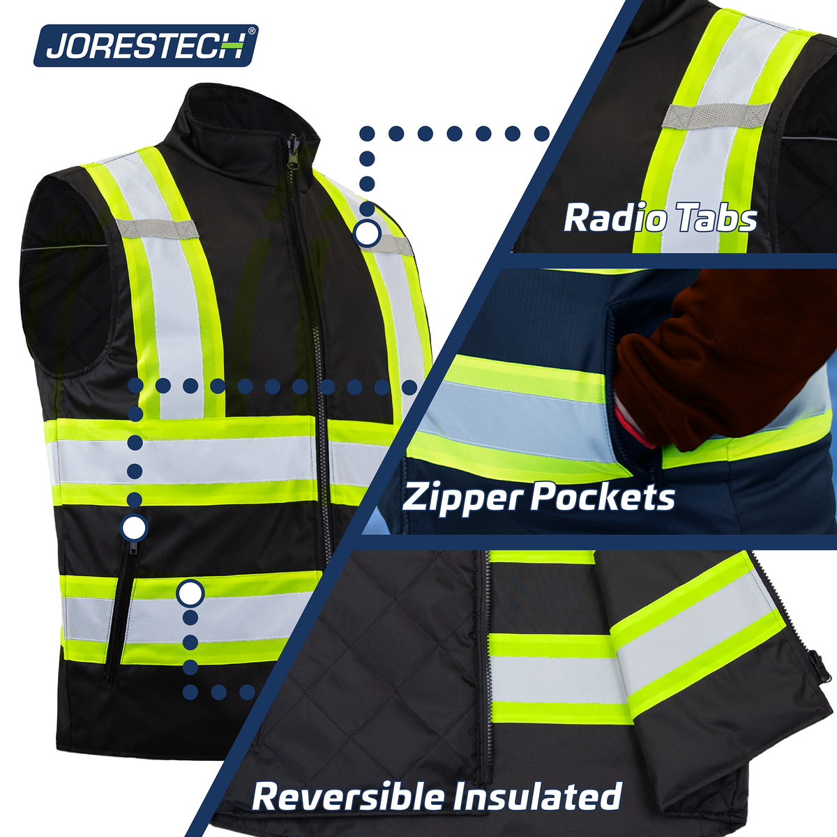 Jorestech Hi-Vis Two-Tone Reversible Insulated Safety Vest with Reflective Strips