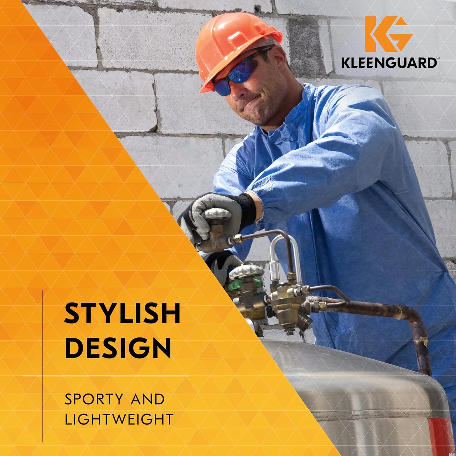 Construction worker wearing KleenGuard 14481 V30 Nemesis Safety Glasses Black Frame with Blue Lenses and an Orange hard hat