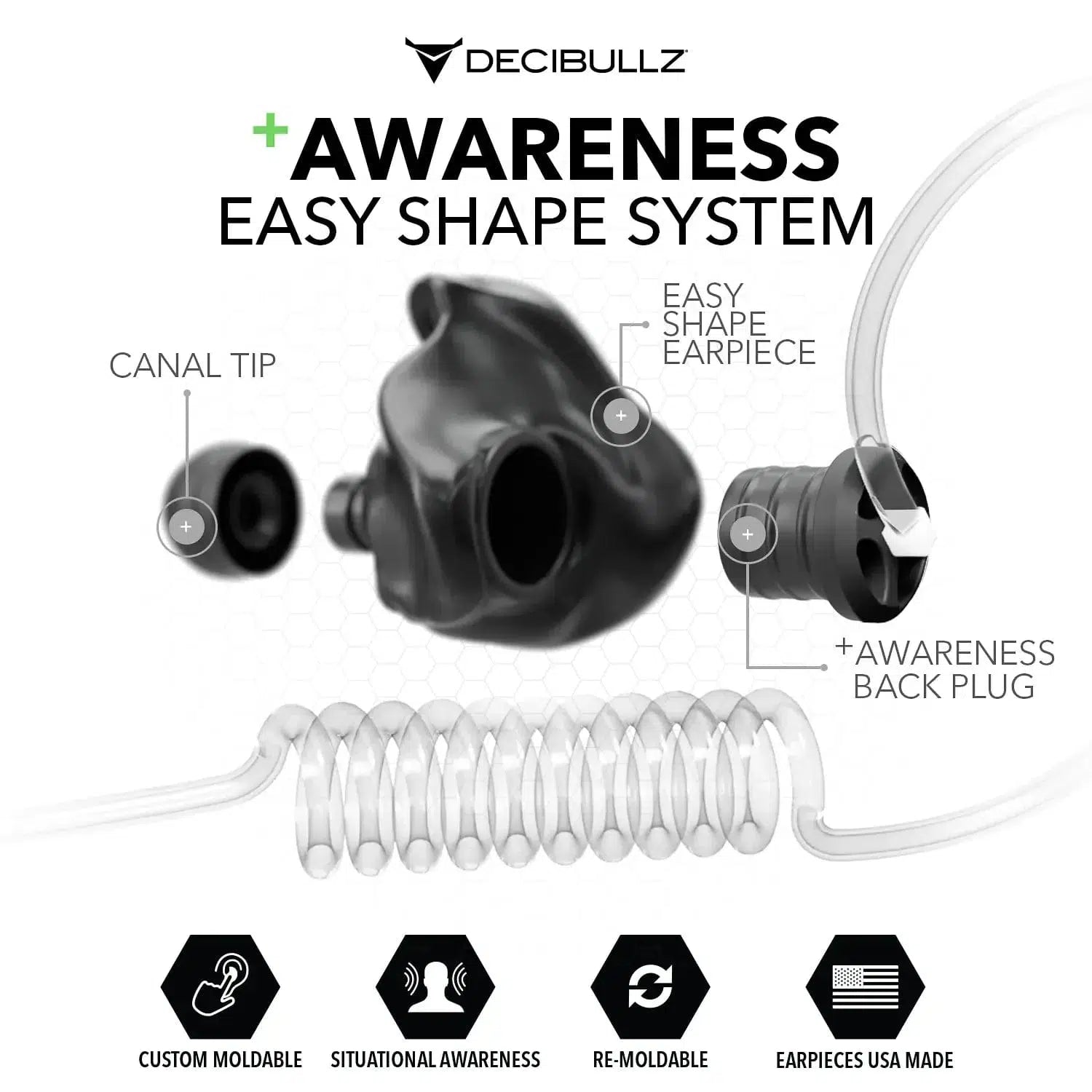 Decibullz +Awareness Custom Molded Listen-Only Surveillance Acoustic Tube Headset-RDO-HS-LIS-RTL-AWA-BNDL-Safety Glasses USA-4